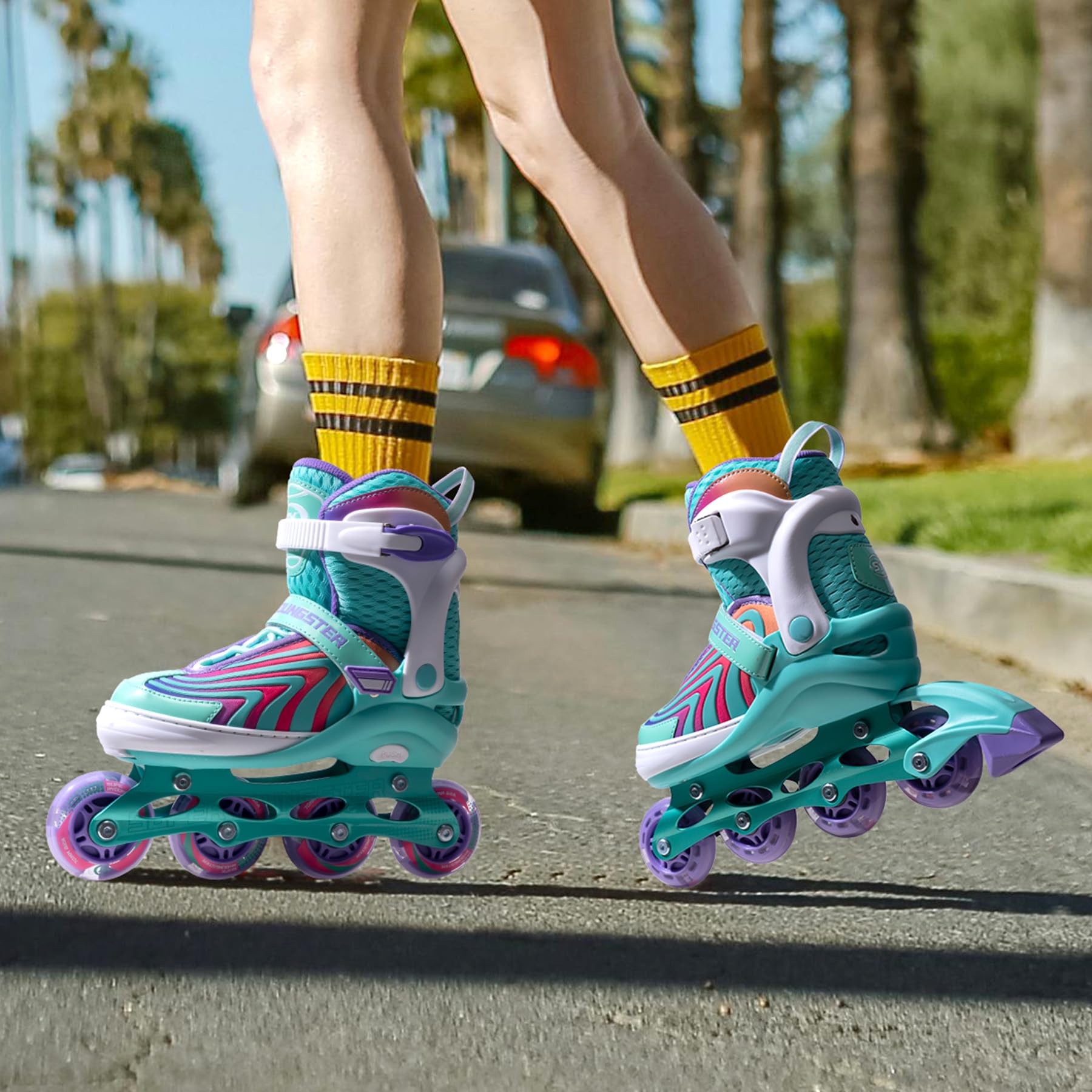 SUPER YOUNGSTER Girls Inline Skates for Boys Kids Ages 4-12, Adjustable Light Up Roller Skates for Youth Teens Ages 8-12, Beginner Blades for Women Adults