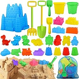 Beach Toys, Sandbox Toys 28Pcs Kids Sand Play Set, Giant Castle, Dinosaur Molds with Collapsible Buckets, Shovels & Rakes, Soft Plastic Summer Outdoor Travel Toys for Toddlers Boys Girls