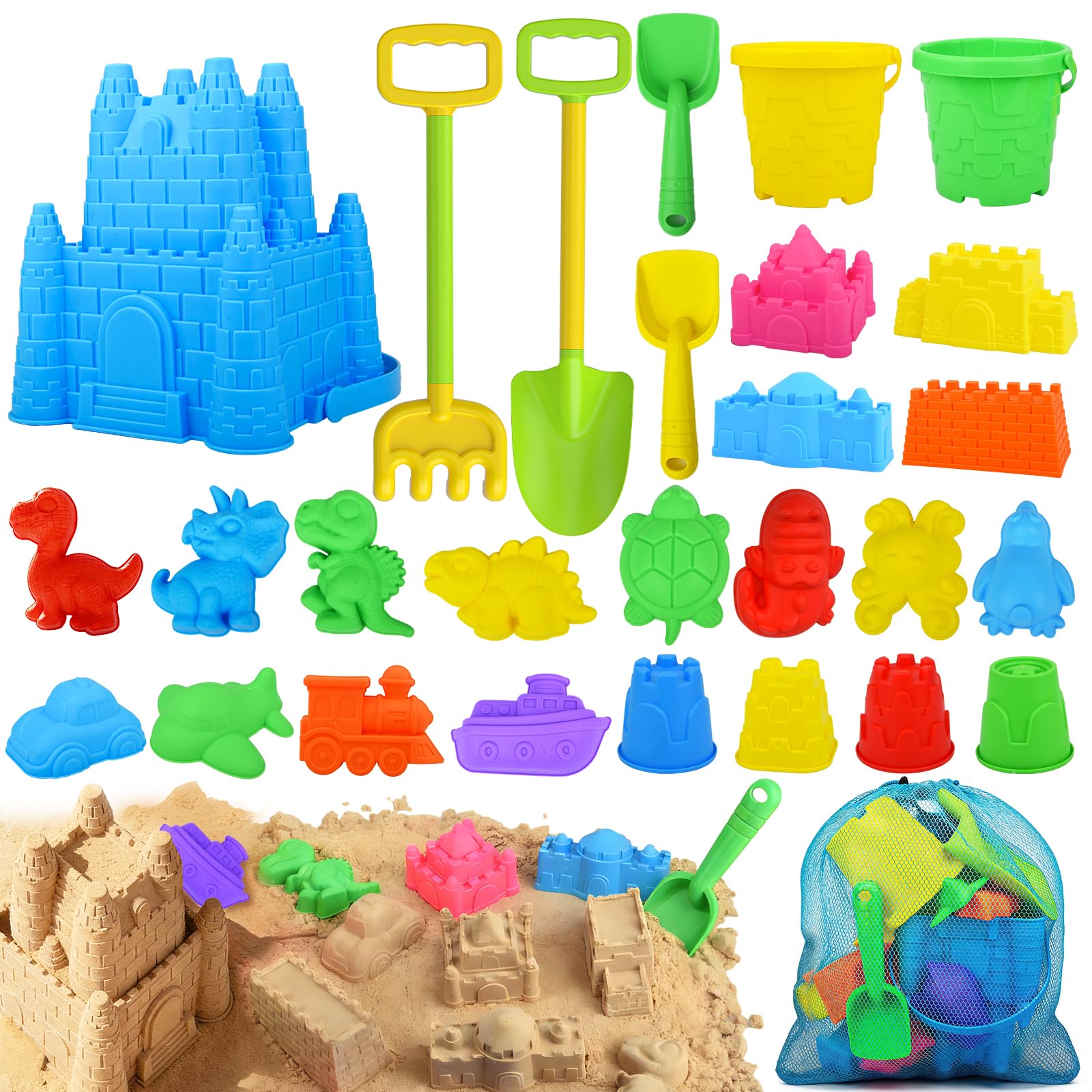 Beach Toys, Sandbox Toys 28Pcs Kids Sand Play Set, Giant Castle, Dinosaur Molds with Collapsible Buckets, Shovels & Rakes, Soft Plastic Summer Outdoor Travel Toys for Toddlers Boys Girls