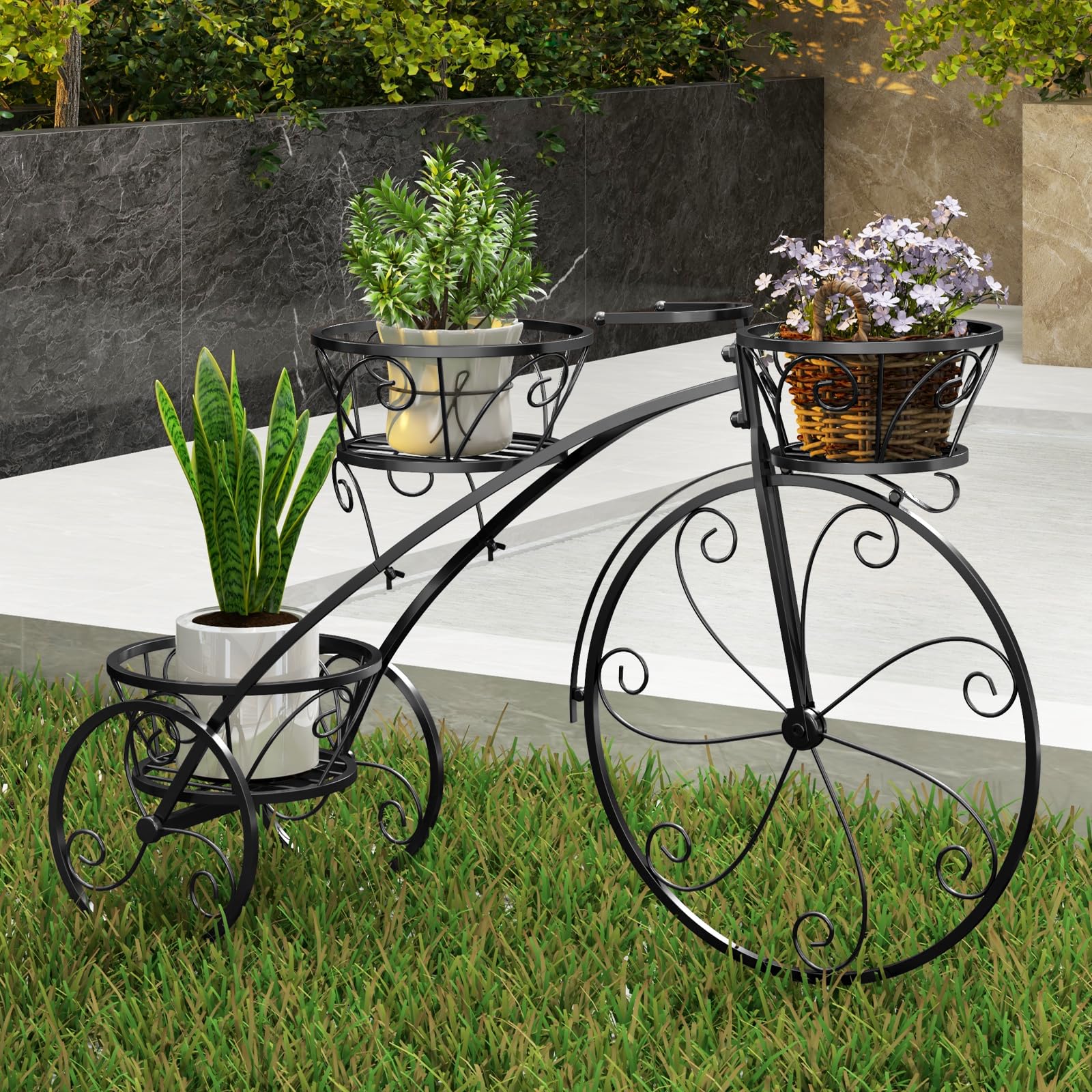 COSTWAY Support pour Plantes Tricycle, Porte-Pot de Fleurs en Métal à 3 Niveaux avec 3 Panier Découpés et Roues Élégantes Style Parisien, pour Patio Jardin Balcon (Noir)