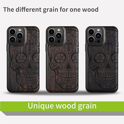 Miniatura 7 de Carveit Funda magnética de madera para iPhone 13 Pro Max madera natural y TPU suave negro a prueba de golpes, funda de madera única y elegante