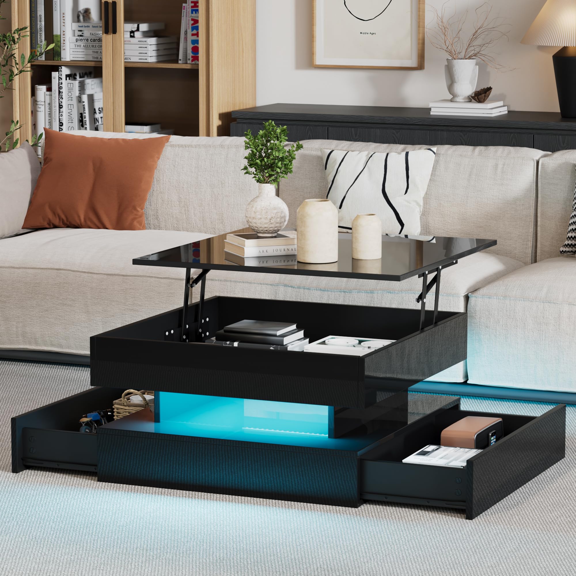 65 x 65 x 38,5 cm elevable mesa de salón auxiliar, mesa de centro brillante con barra de luz LED, mesa de sofá con 2 cajones, color negro