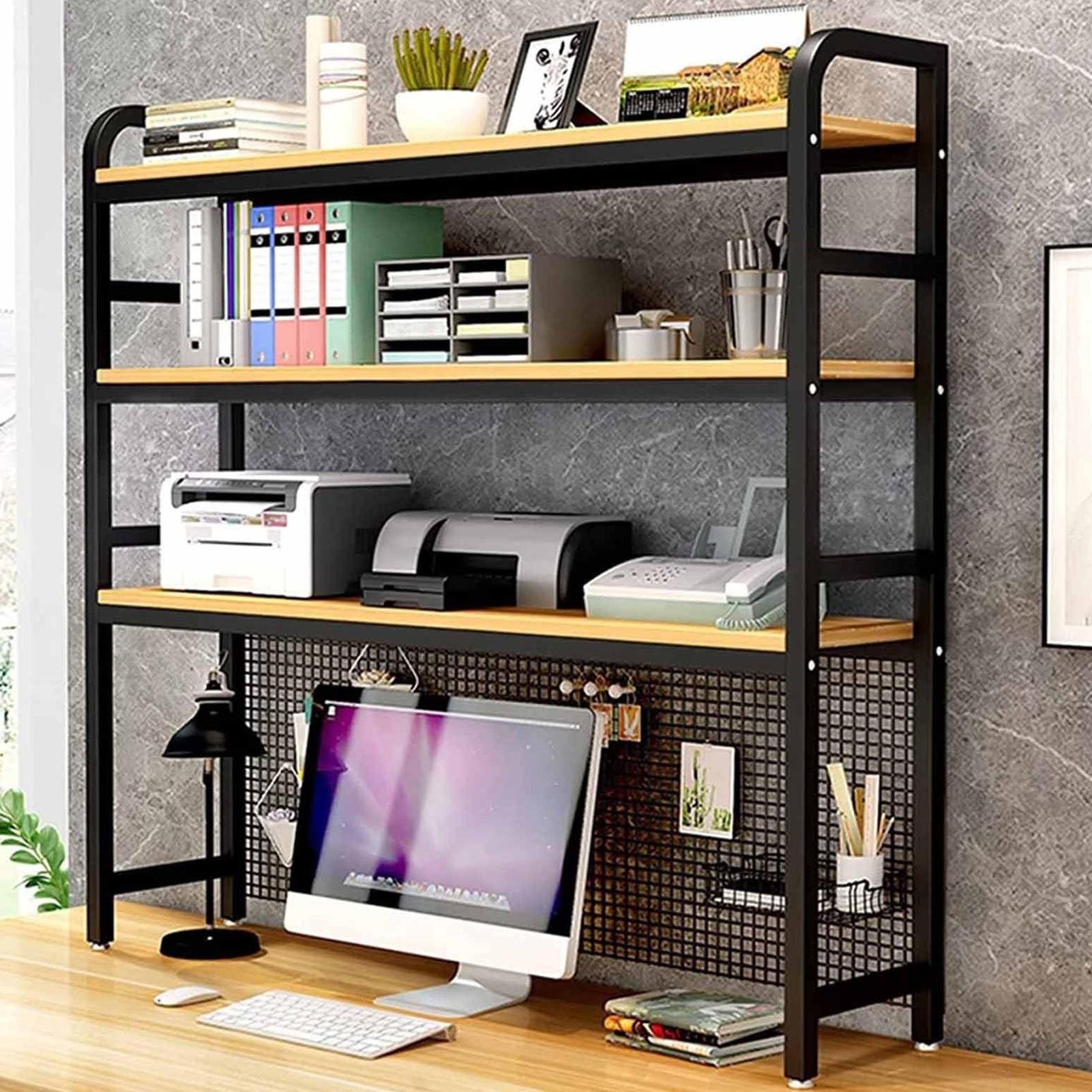 ASerZenith Desktop Bookshelf 3 Tiers Wrought Iron Desktop Bookshelf -, Grid Desk Storage Display Rack, Simple Desktop Shelf, Modern Desk Organizer Shelf
