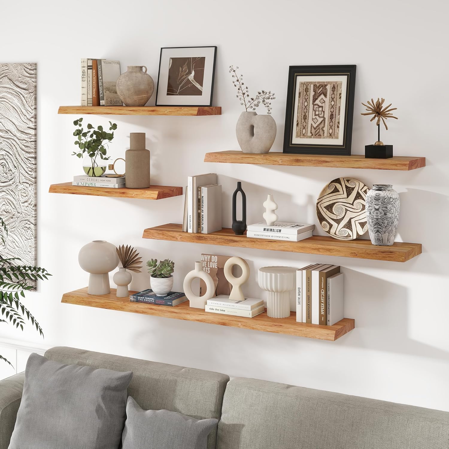 richfocus live edge elm floating shelves - 30" w x 9.3" d rustic solid wood wall shelves with invisible bracket, wall-mounted for living room, bedroom, kitchen storage & display, set of 2, natural live edge 30 inch, set of 2 natural