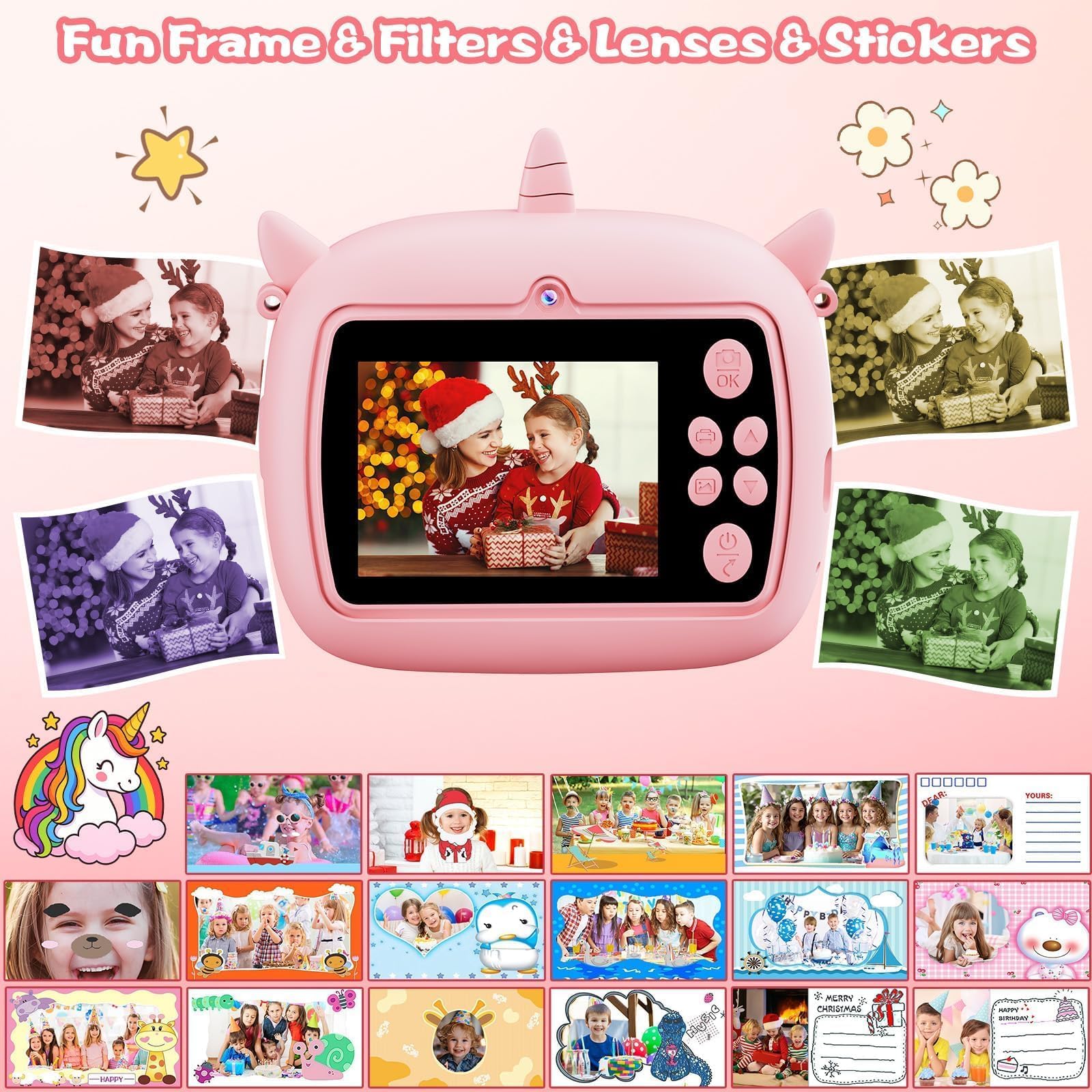 Appareil Photo Instantané, 2,4" Écran Appareil Photo Instantané Enfant a Carte 32G/4 Rouleaux Papier/6 Stylos Colorés, 1080P, pour Enfant 3-12Ans - Selfie/Photo(Rose)