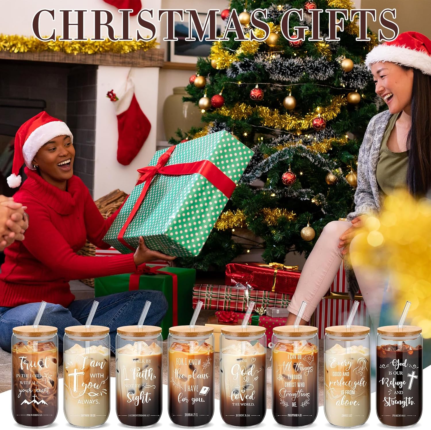 Skylety 16 Sets Christian Glass Cups with Lids and Straws Brushes 16 oz Iced Coffee Cups Inspirational Water Bottle Christian Tumbler Drinking for Women Men Coworkers - Image 7