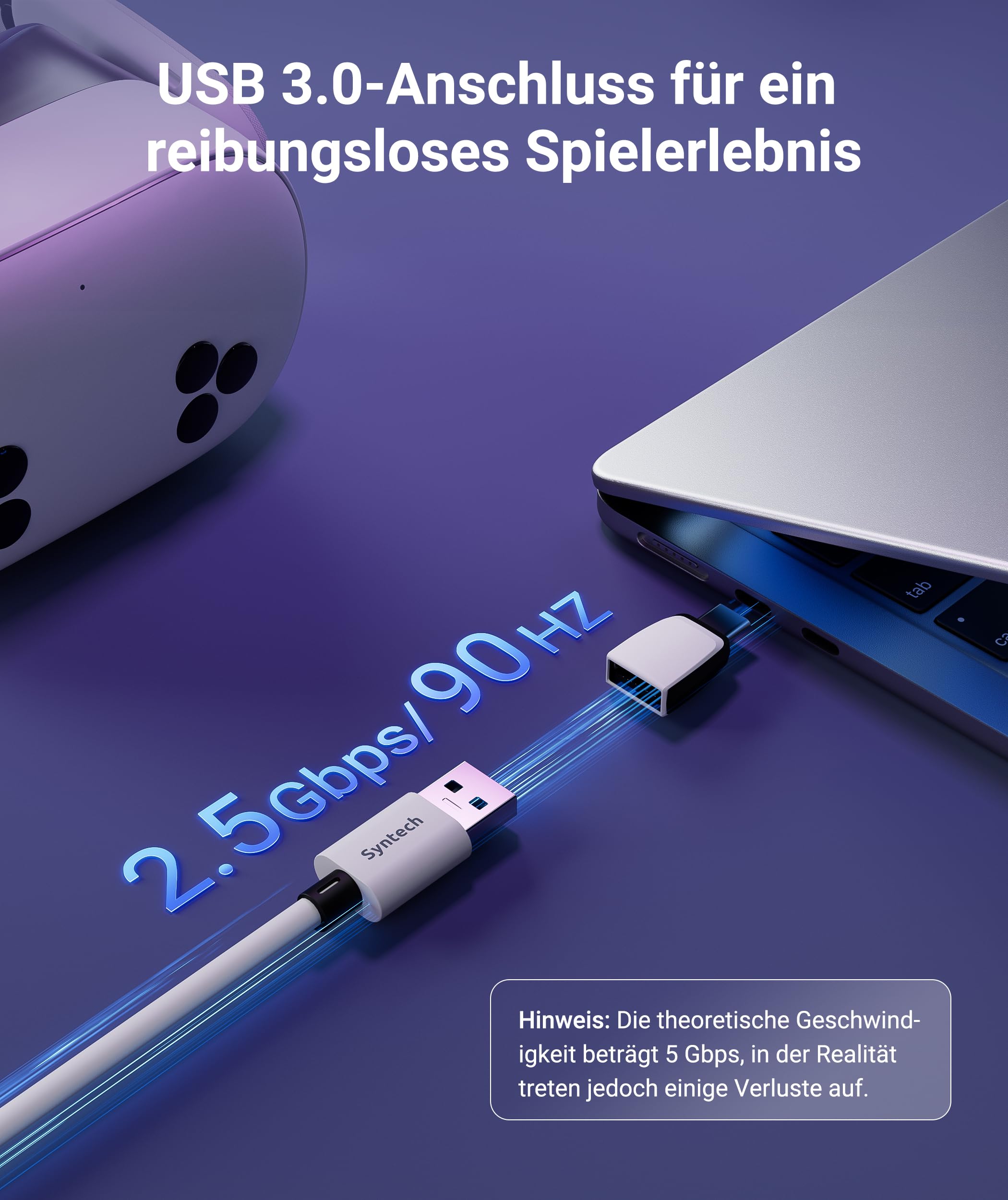 Syntech VR Cable Link con Carga 5M Compatible con Meta Quest 3S/Quest 3/Oculus Quest2 Accesorios, Cable Link USB 3.0 con Puerto de Carga Adicional, para PC/SteamVR y Juego Extendido