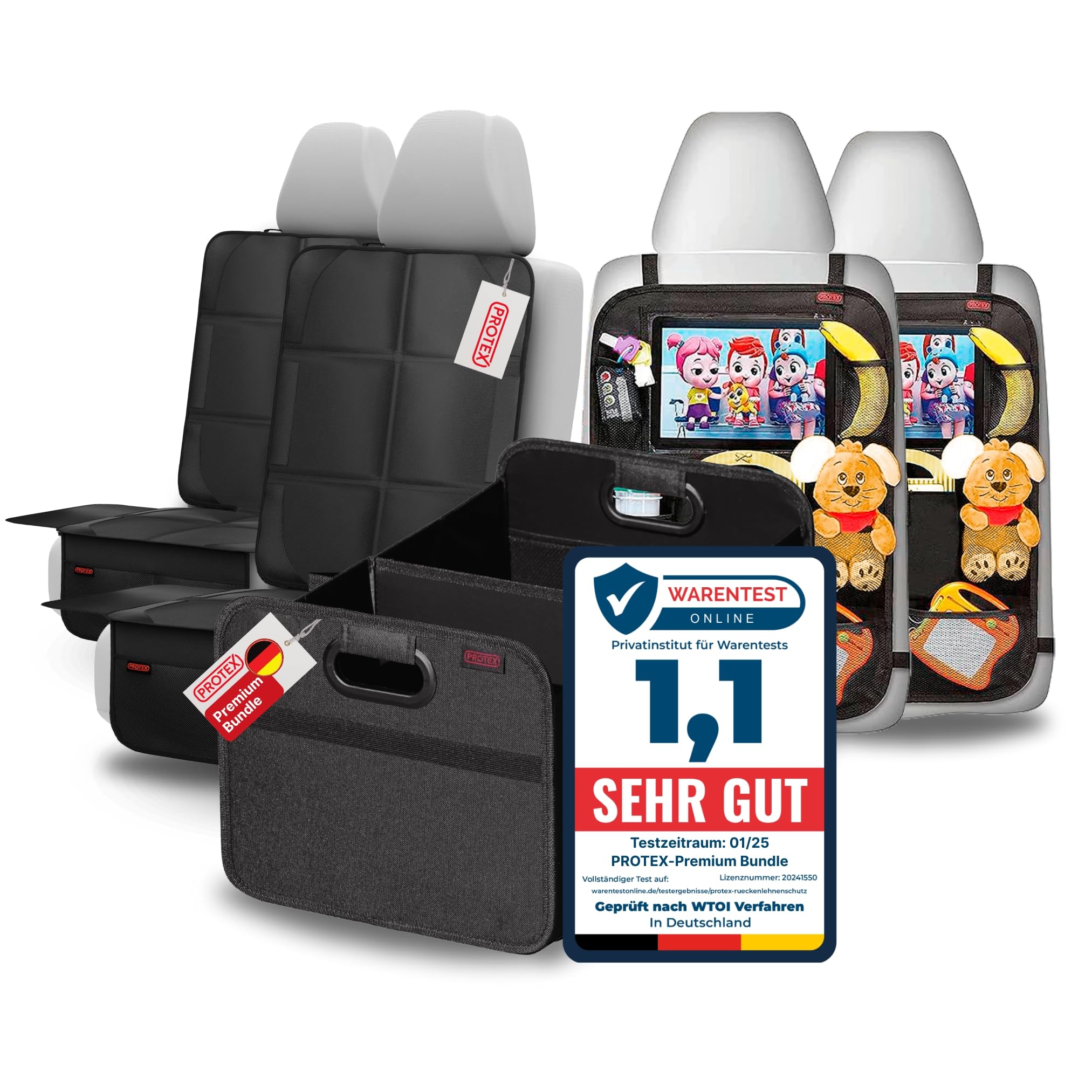PROTEX© Premium Autozubehör Set [Testsieger 2025] – 2x Rückenlehnenschutz Organizer mit Tabletfach, 2x Kindersitzunterlage ISOFIX, 1x faltbare Kofferraumtasche – Auto Organizer & Sitzschutz für Kinder