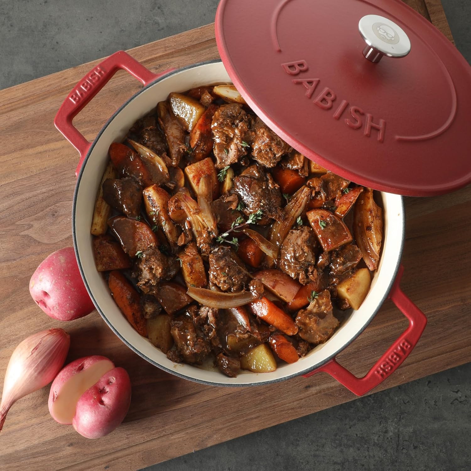 Babish 6-Quart Round Enameled Cast Iron Dutch Oven with Lid – Red, Heavy-Duty Dutch Oven for Slow Cooking, Braising & Baking