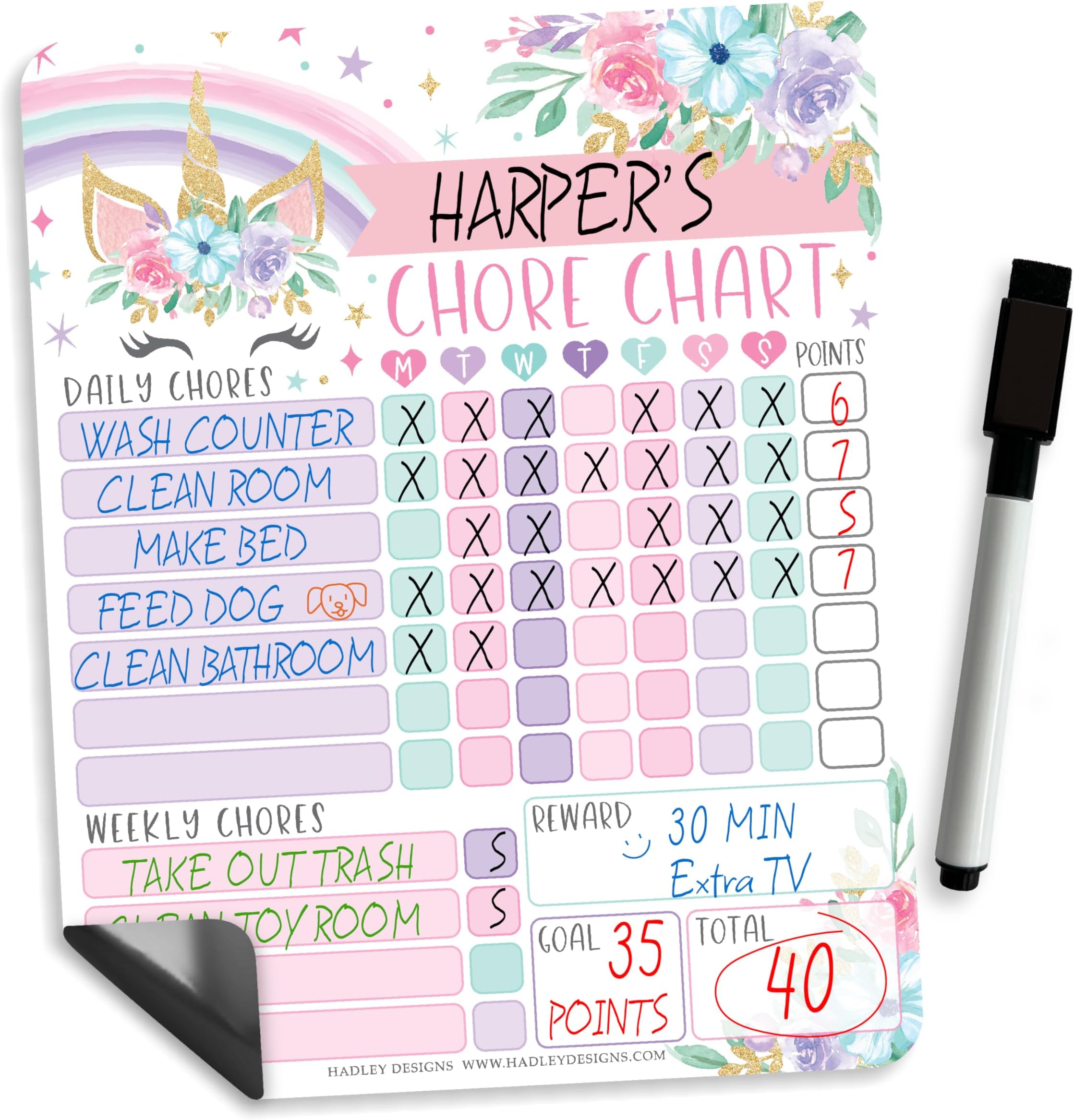 Hadley Designs Magnetic Chore Chart for Kids – Reward Chart for Kids, Dry Erase Responsibility Board for Children at Home, Fridge Behavior Tracker for Daily & Weekly Tasks, Unicorn Toddler Chore Board