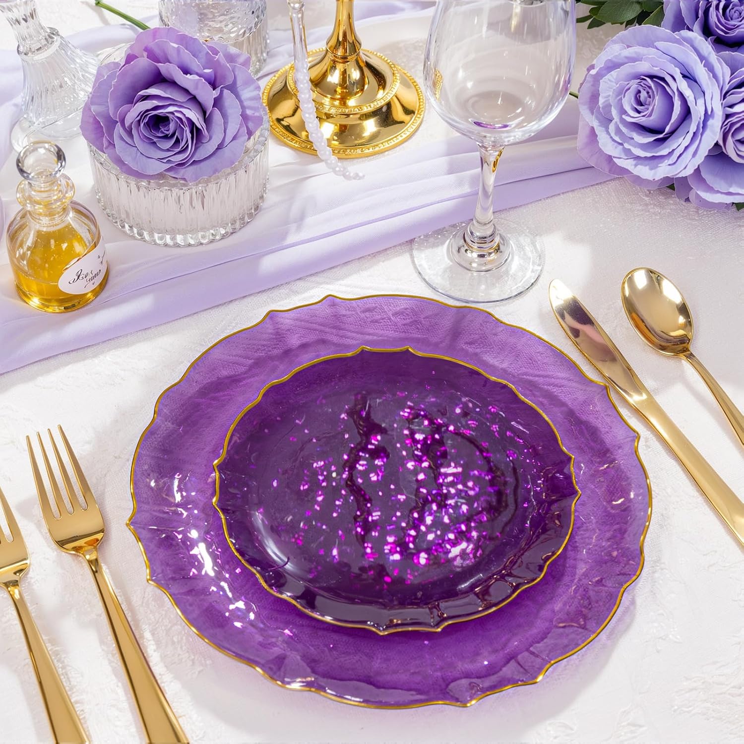 bUCLA 40PCS Clear Purple Plastic Plates - Fancy Lace-Edge Purple and Gold Plates Disposable Hammered Crystal Design - Include 20 Each(Dinner & Dessert) for Party & Halloween