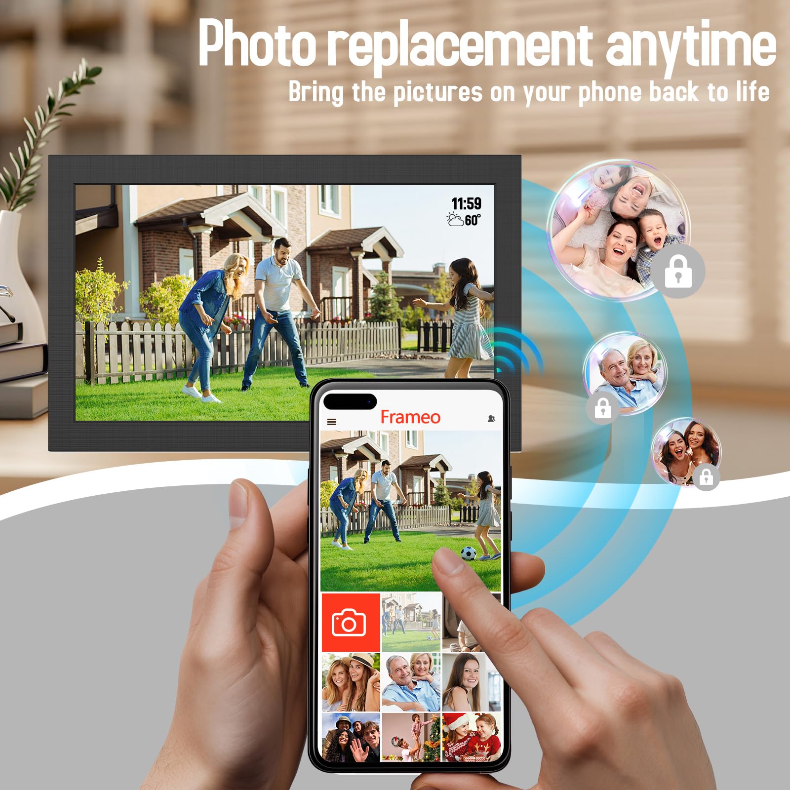 Cadre photo numérique WiFi 15,6" IPS écran tactile HD, clips vidéo et diaporama, rotation automatique, montage mural, envoie des photos instantanément depuis n'importe où avec l'application Frameo
