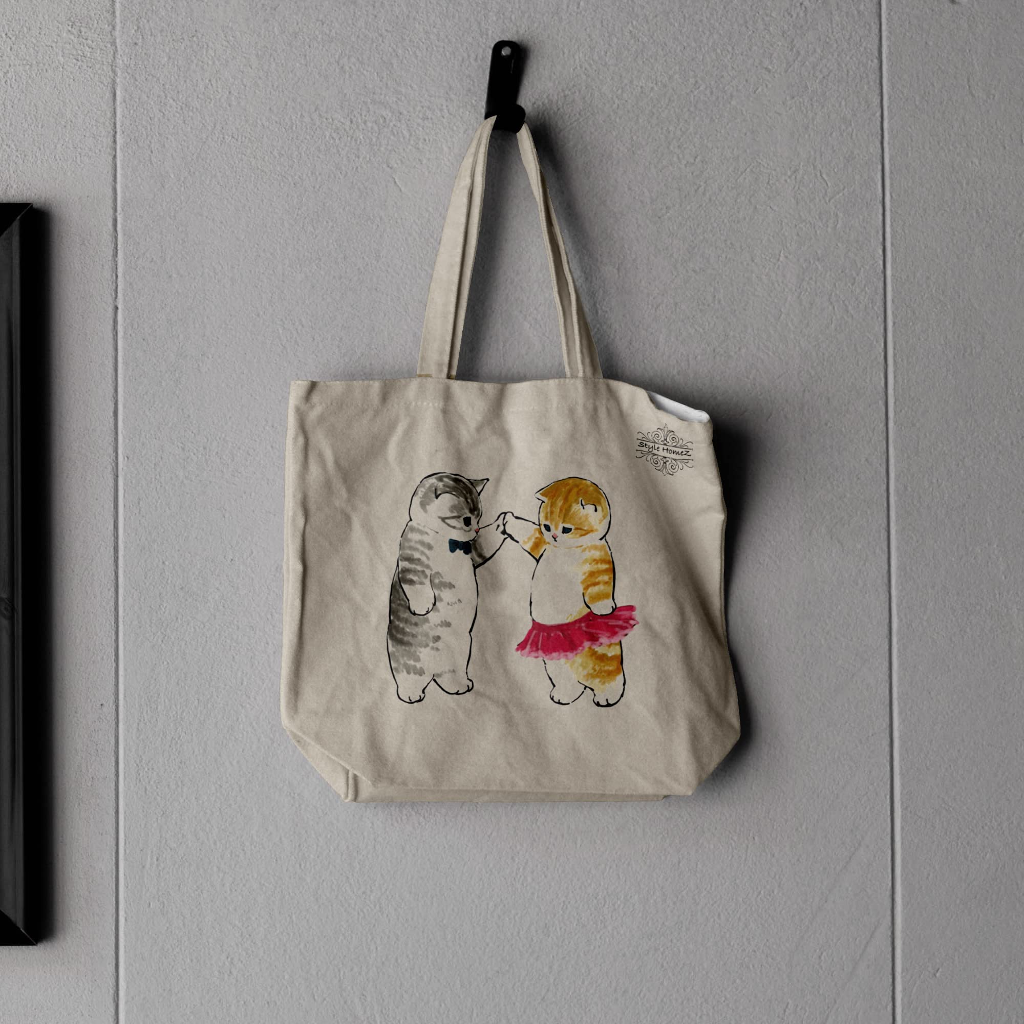 ALFANSO Classic Eco-Friendly & Reusable Cotton Canvas Grocery Tote Bag, Medium Size 16 x 14 Inch Natural Color (CATS IN SKIRT) 4