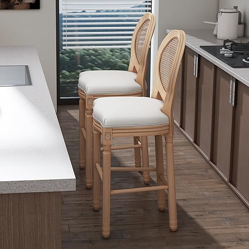 Miniatura 5 de KCC Taburetes de bar de altura de bar, taburetes de bar de madera de campo francés con asientos tapizados, sillas de bar de 29 pulgadas con marco de