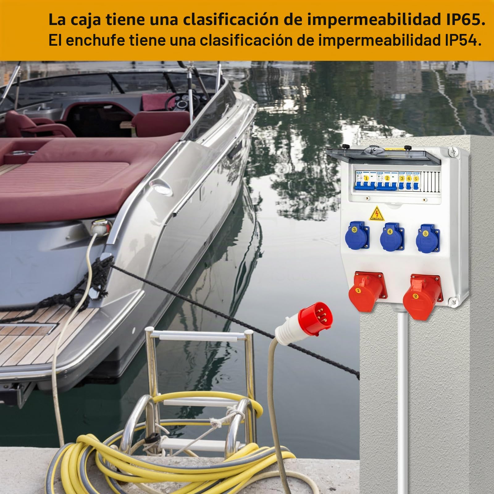 Distribuidor de Corriente para Construcción, Distribuidor de Pared para Obras con Disyuntor, 5P CEE Socket y Schuko Socket, Distribuidor de Consumo Eléctrico para Talleres y Fábricas