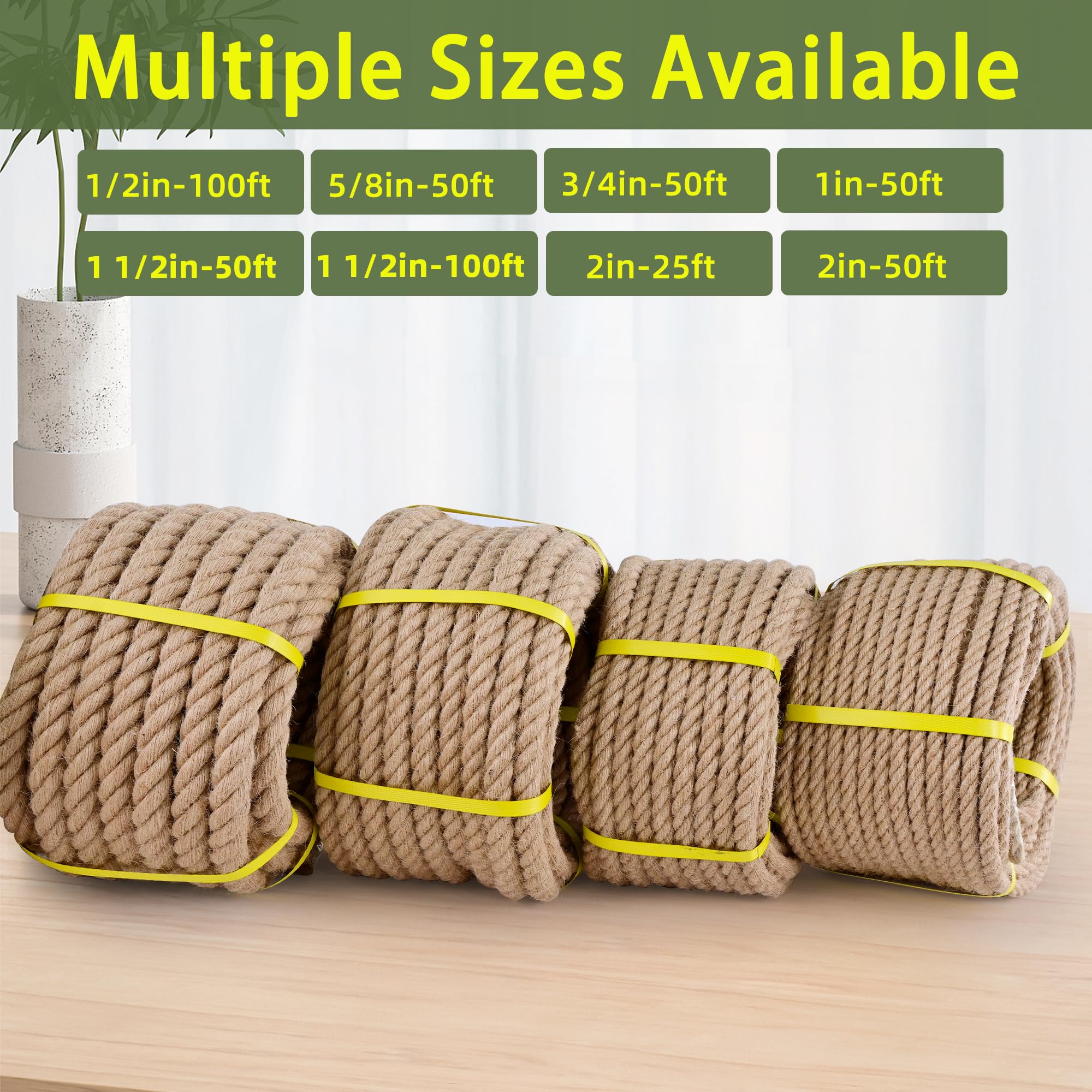 Cuerda de yute de 1 1/2 pulgadas x 100 pies, cuerda de cáñamo natural, cuerda gruesa, cuerda de columpio, cuerda resistente disponible como cuerda de tirón de guerra, cuerda náutica, cuerda de