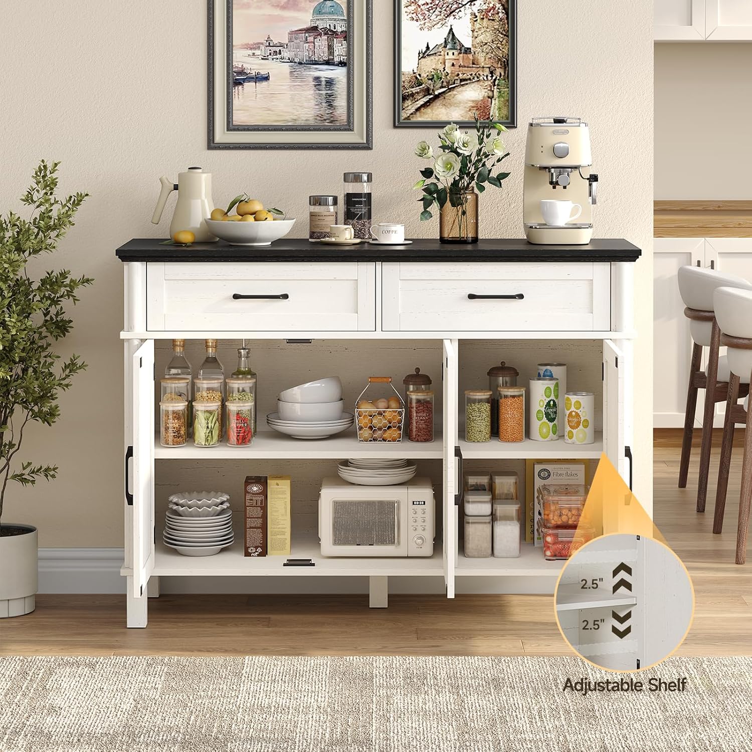 48 Inch Sideboard Buffet Cabinet with Storage, Farmhouse Coffee Bar Cabinet with 2 Drawers, Adjustable Shelves, Wood Sideboard Credenza for Kitchen, Living Room, Entryway, Off White&Black