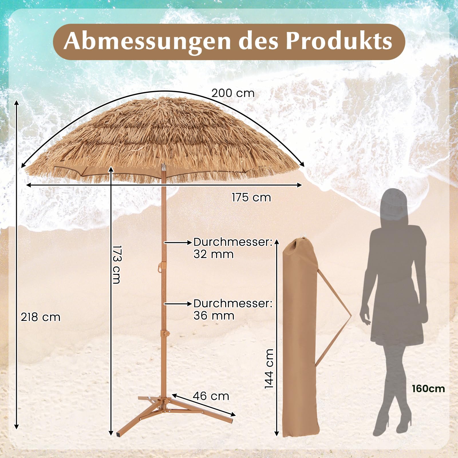COSTWAY Sonnenschirm Hawaii, Strohschirm mit klappbarem Ständer, Strandschirm Stroh neigbar, Gartenschirm, Marktschirm, Terrassenschirm mit Tragetasche für Garten, Strand, Pool