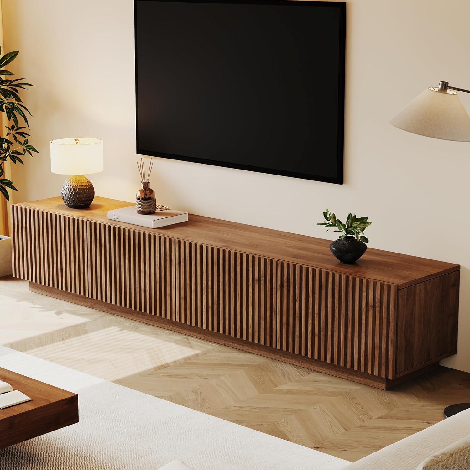 86.61" Modern Grille-Door TV Stand with 4 Hidden Storage Compartments, Large Capacity Media Console for Living Room, MDF Construction, Sturdy Load-Bearing Structure