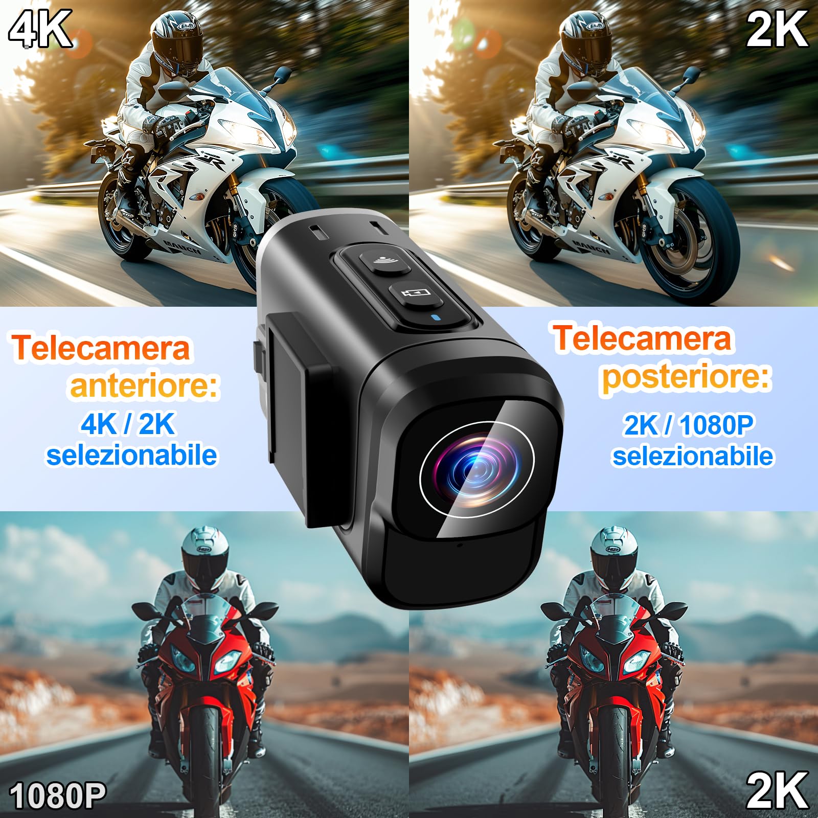 Action Cam 4K WiFi, Stabilizzazione a Doppia Lente Telecamera Moto, Registrazione di 6 Ore Telecamera Casco Moto con Scheda MicroSD da 64 GB