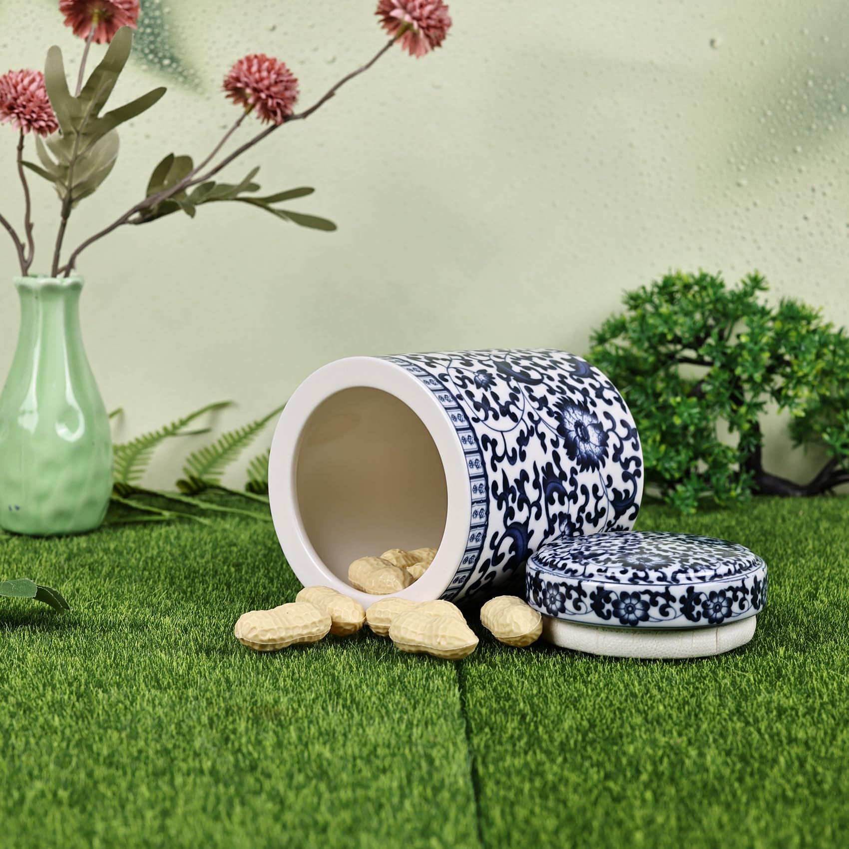 Jarrón de cerámica con tapa de porcelana azul y blanca chino, estilo Ming de China, diseño tradicional