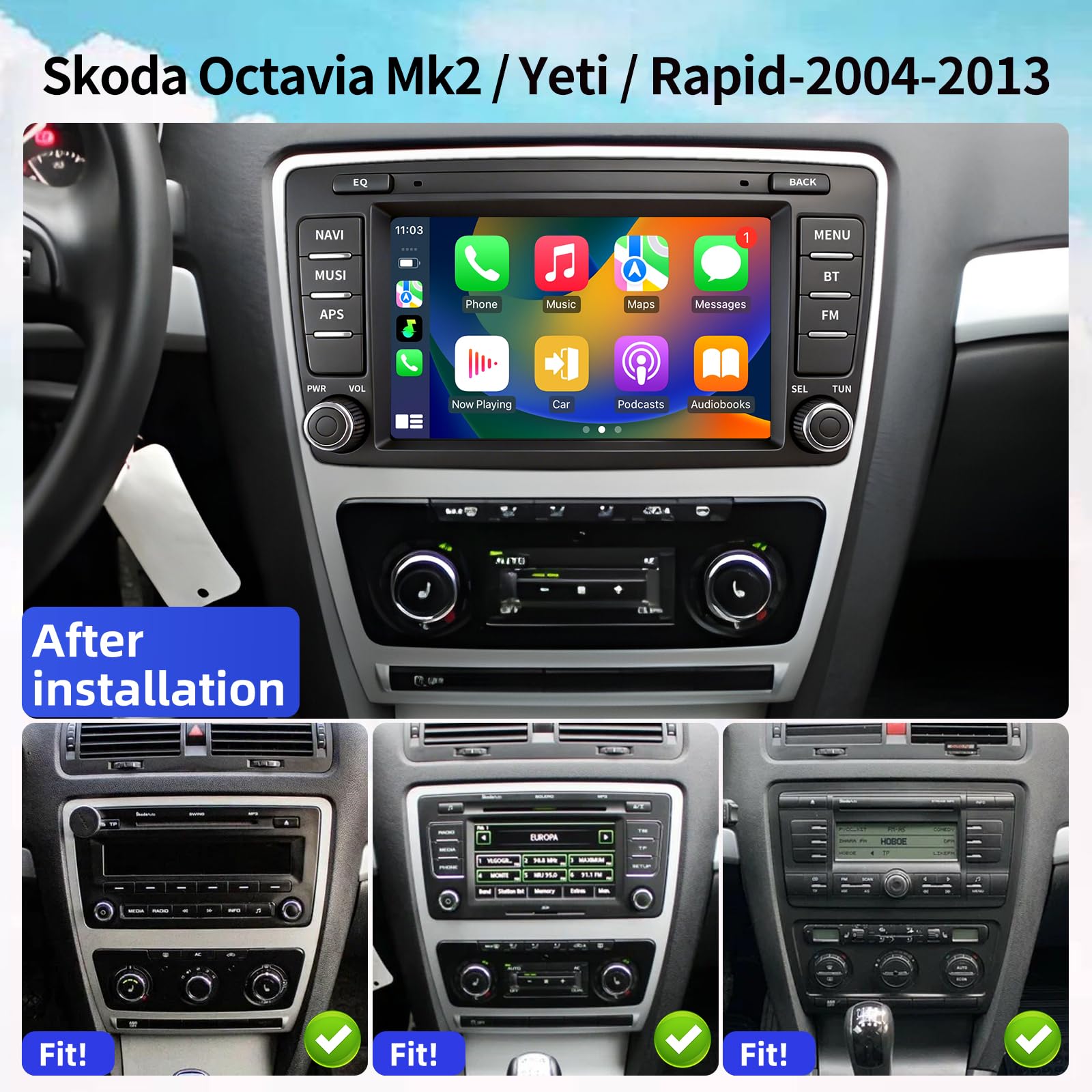 Autoradio für Skoda Octavia Mk2 Yeti Rapid 2004-2013 8 Zoll Touchscreen Radio mit Wireless Carplay Android Auto Wireless EQ BT GPS FM Rückfahrkamera 2+64G