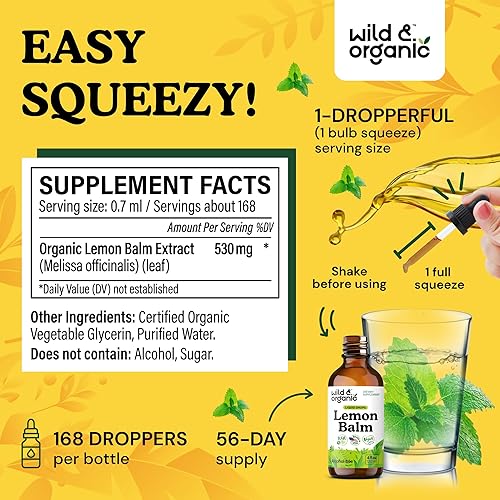 Miniatura 3 de Wild & Organic Tintura de bálsamo de limón, suplemento de apoyo al estado de ánimo, gotas de extracto de hojas de bálsamo de limón Melissa,