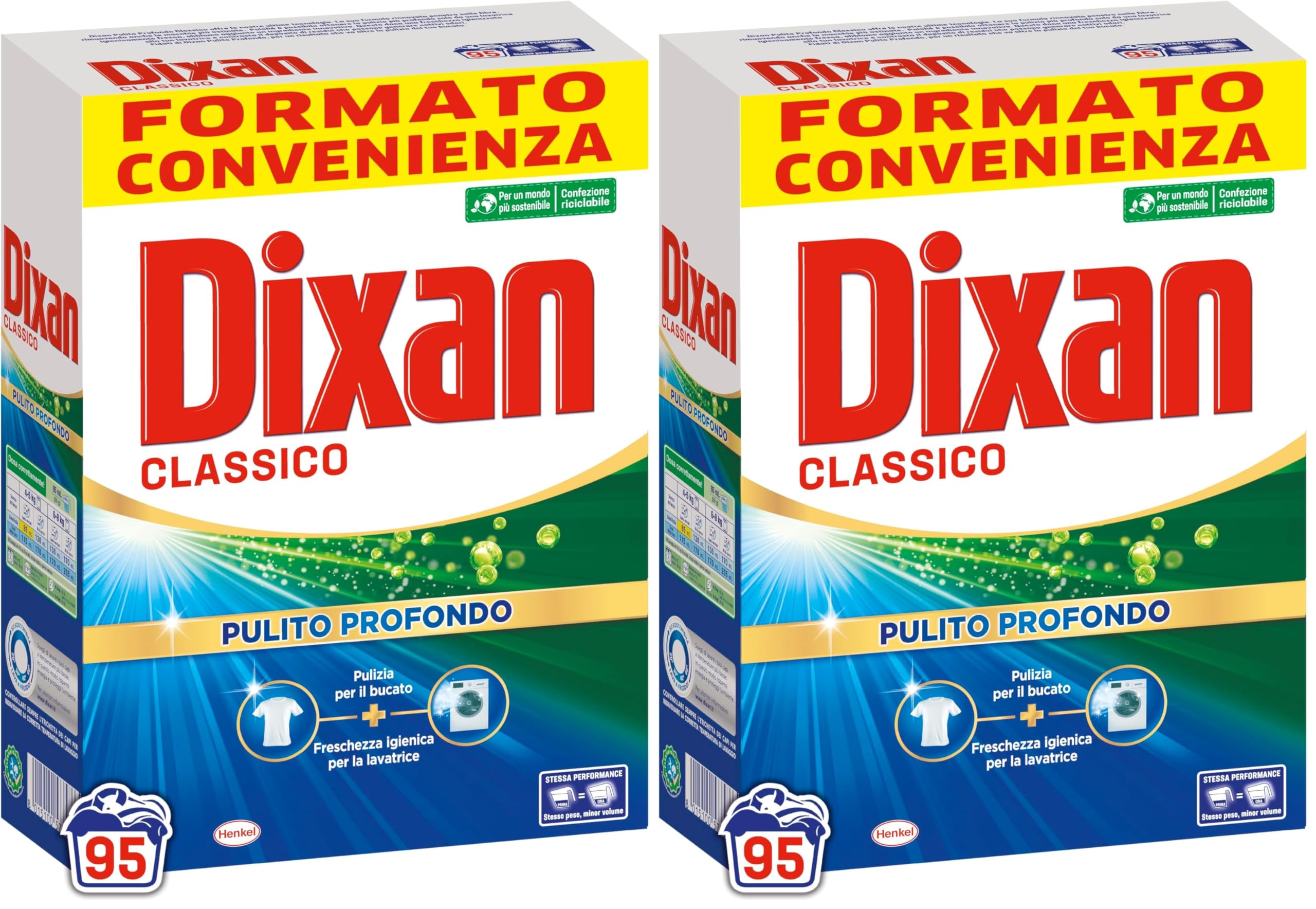 Dixan Classico Pulito Profondo, Detersivo Lavatrice polvere per eliminare le macchie ostinate, formato da 95 lavaggi (Confezione da 2)