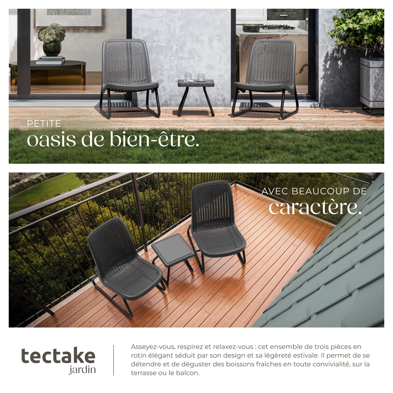 tectake® Salon de Jardin Exterieur en Poly Rotin & Acier laqué époxy 2 Personnes Ensemble Fauteuil Salon & Table de Jardin, Mobilier pour Amenagement Balcon Terrasse Veranda
