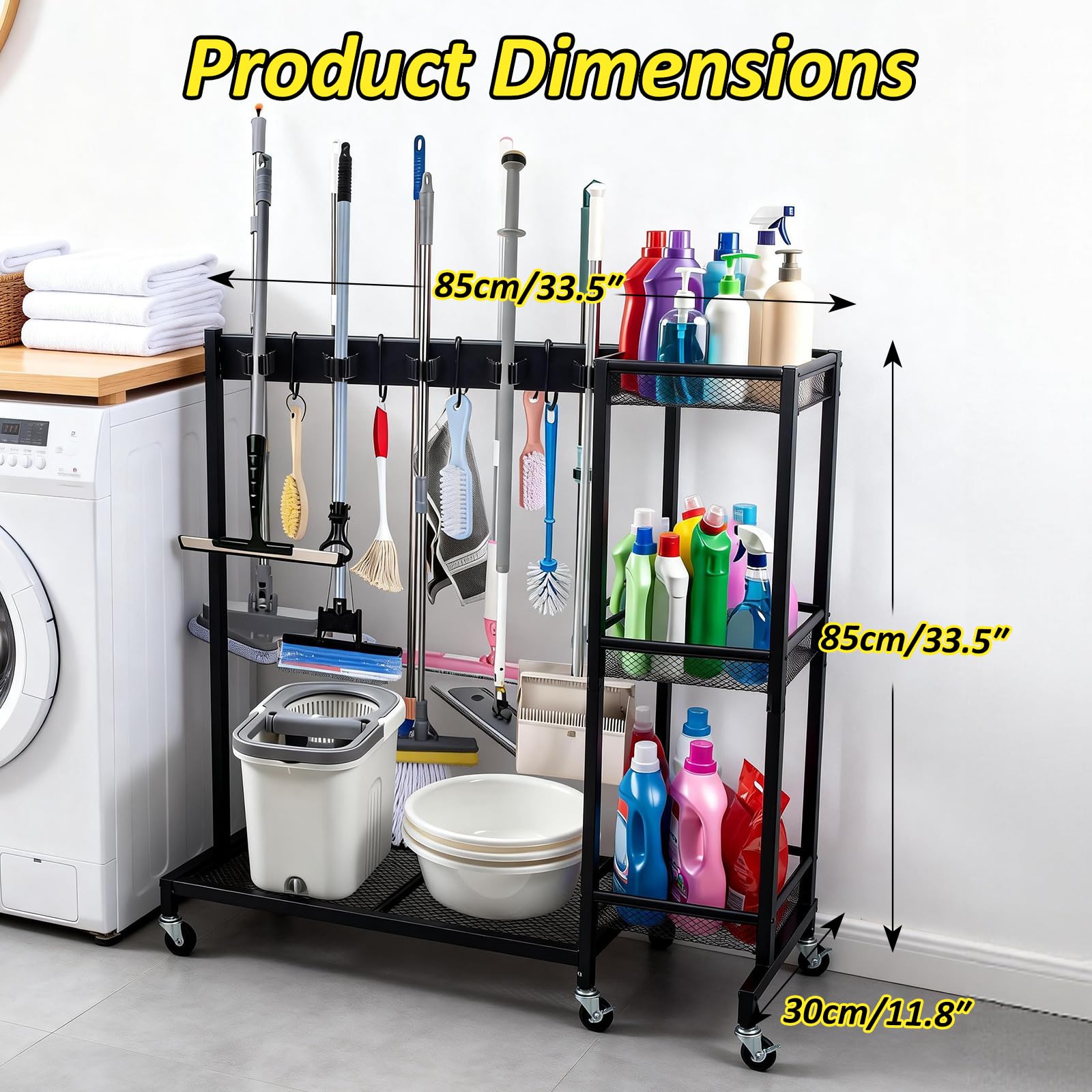 Soporte para escobas con organizador de suministros de limpieza, soporte para escobas y fregonas, carrito de limpieza móvil 2 en 1 con almacenamiento de fregona con estantes de 3 niveles, carrito de