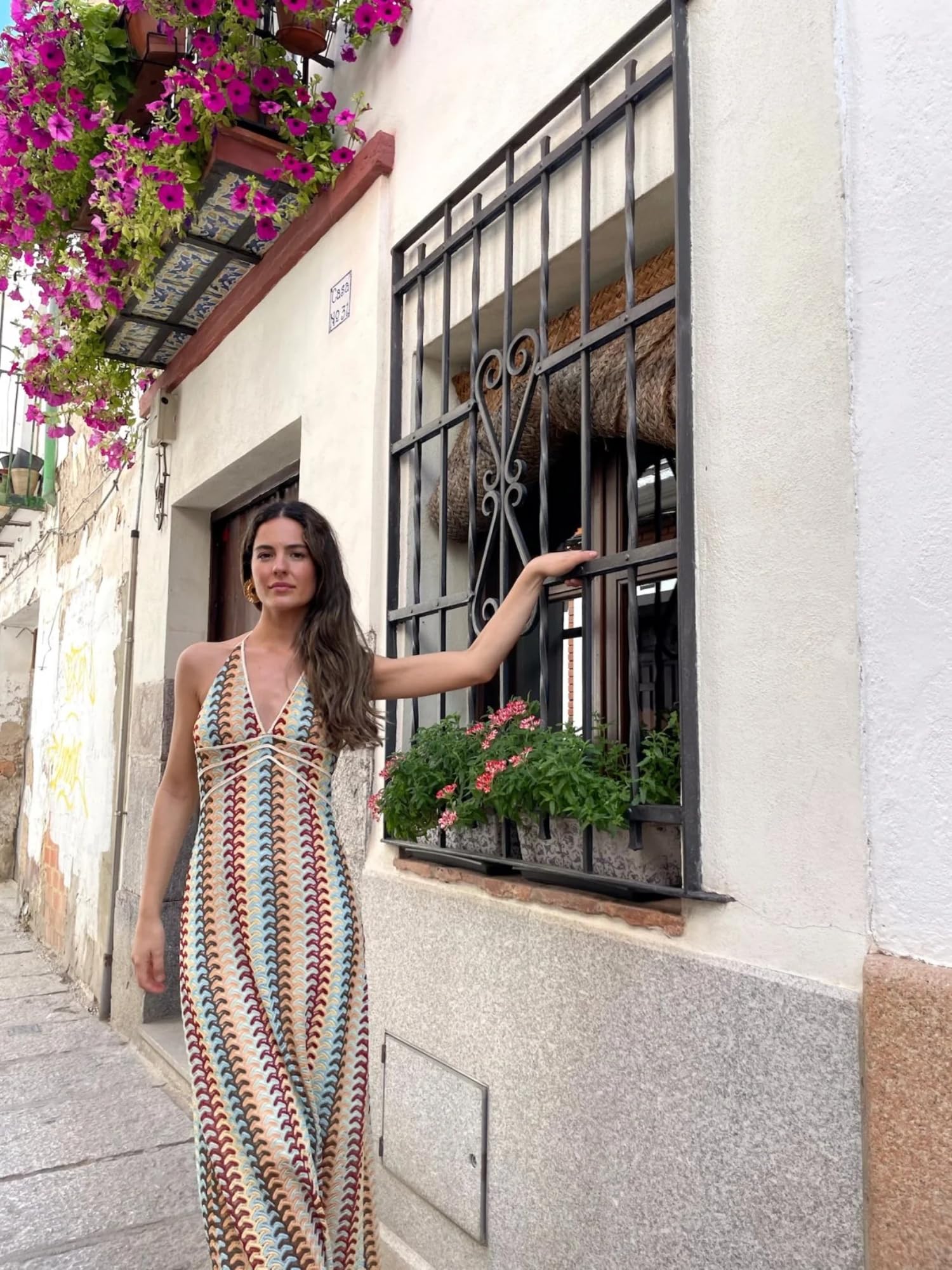 Breezy Lane Damska szydełkowana sukienka maxi seksowna bez pleców w paski bodycon wiązana na szyi dzianinowa letnia plaża wakacje okrycie