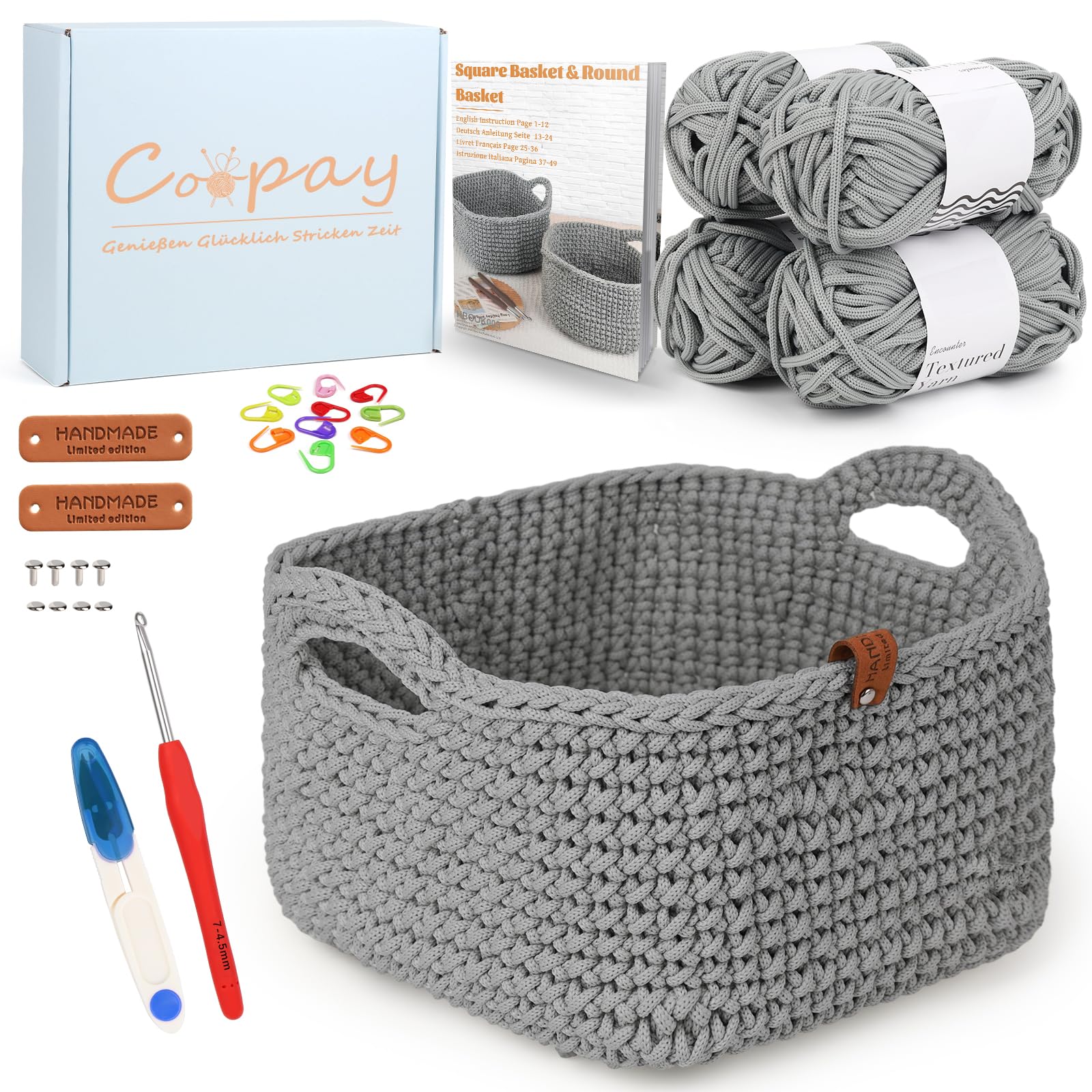 Coopay Häkelset für Anfänger, Square Körbe Häkel Set mit Häkelanleitung, DIY Häkelset für Körbe Häkeln Lernen mit Häkelnadel 4,5mm, Dicke Häkelgarn, Anfänger Häkelset für Körbe - Grau