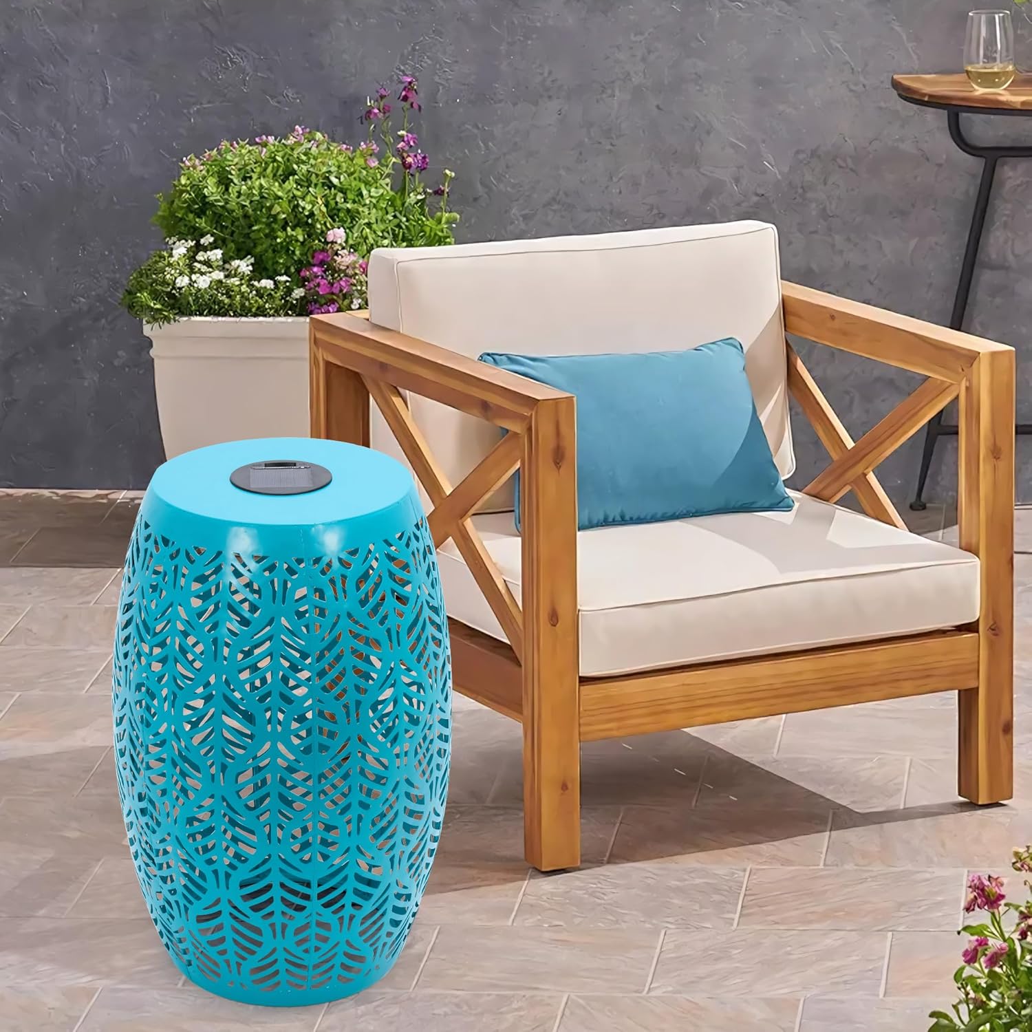 HPC Decor Outdoor Side Table - 18.3" Tall Iron Side Table with Waterproof Solar Powered Light, Cutout Blue End Table,Small Patio Side Table for Outside,Backyard, Pool, Indoor,Decorative Garden Stool.