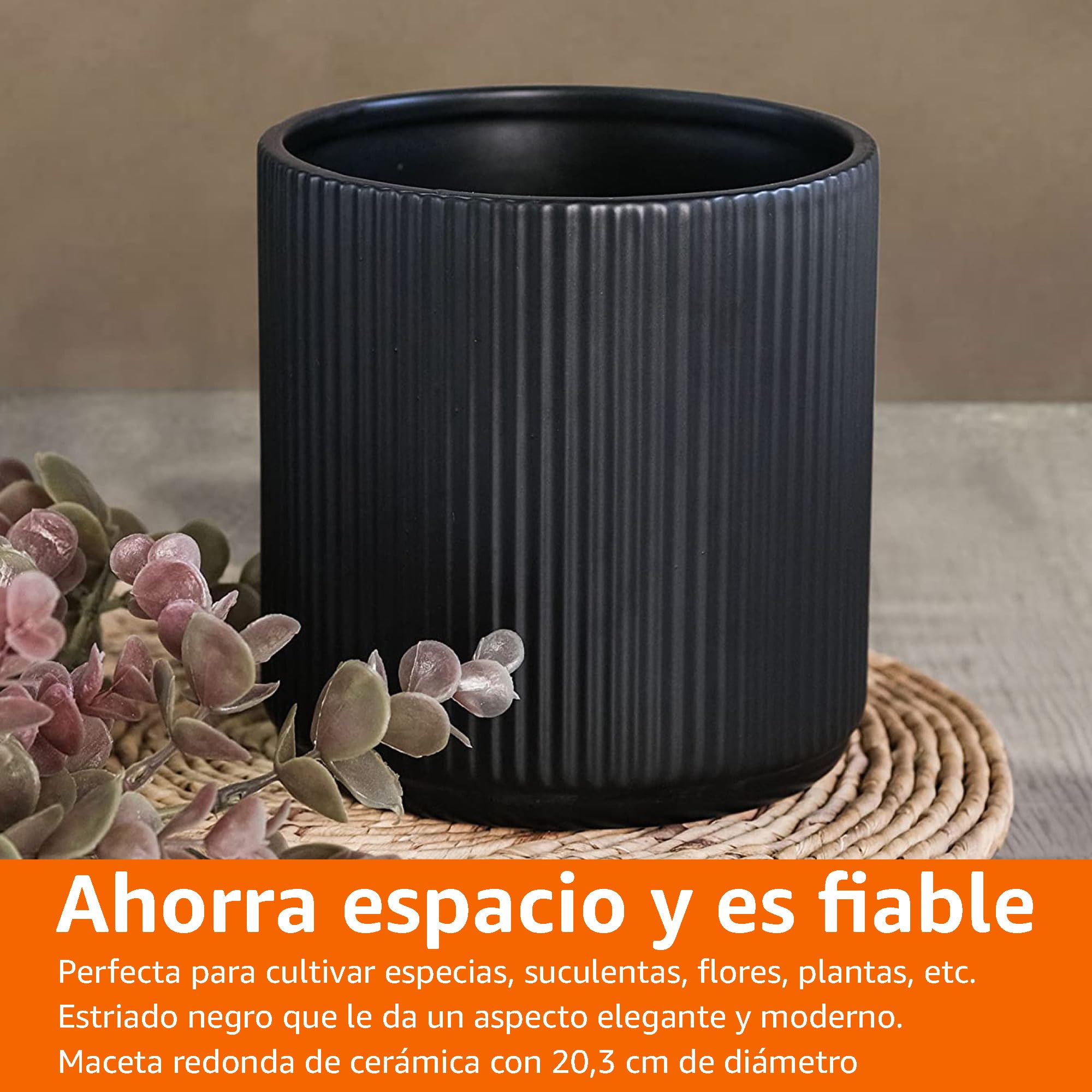 Amazon Basics Redondo Maceta de cerámica, estriada, 20.3 cm, Negro