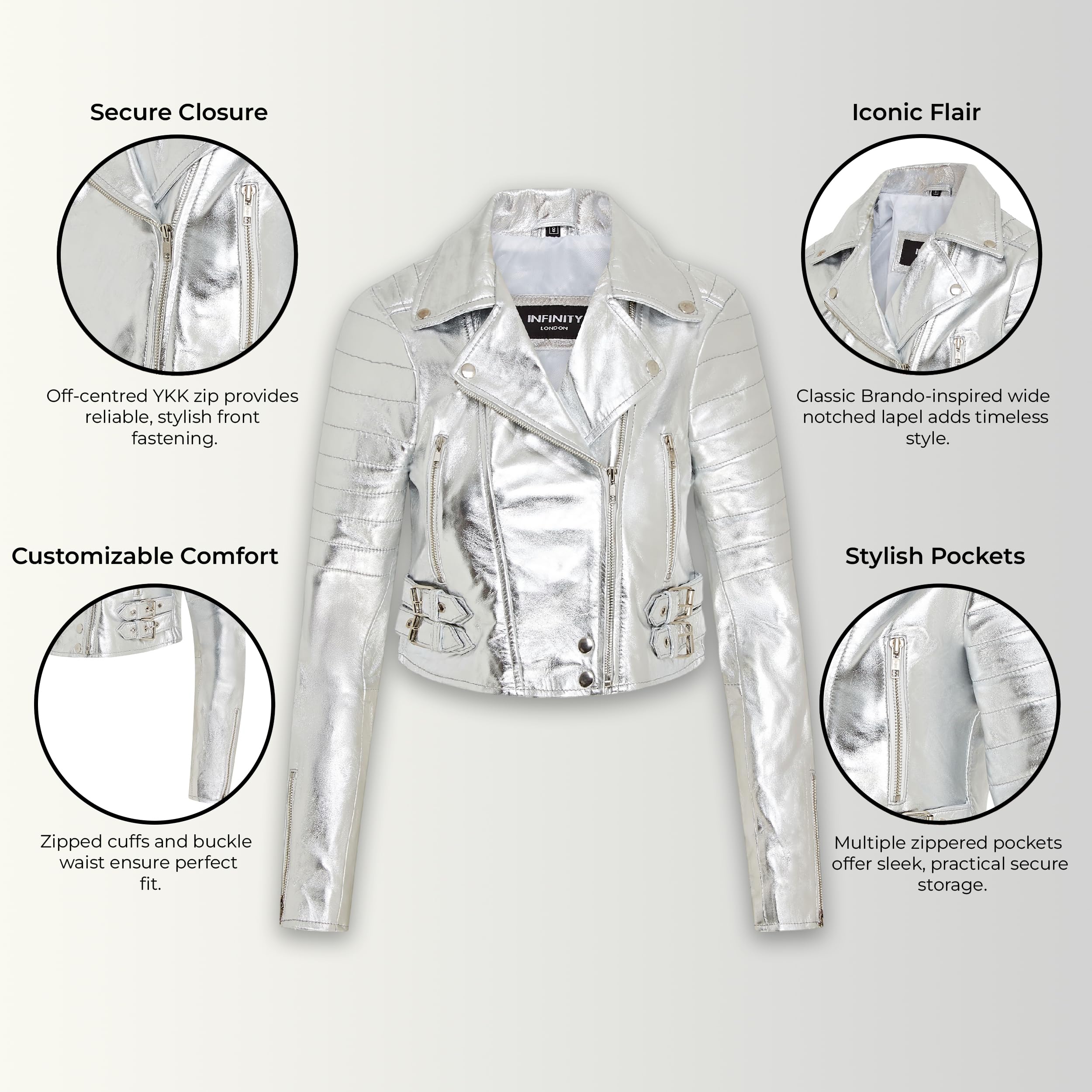 Infinity Leather Chaqueta de Cuero Auténtico Estilo Motero Chic Estilo Gótico con Cuerpo Corto Para Mujer