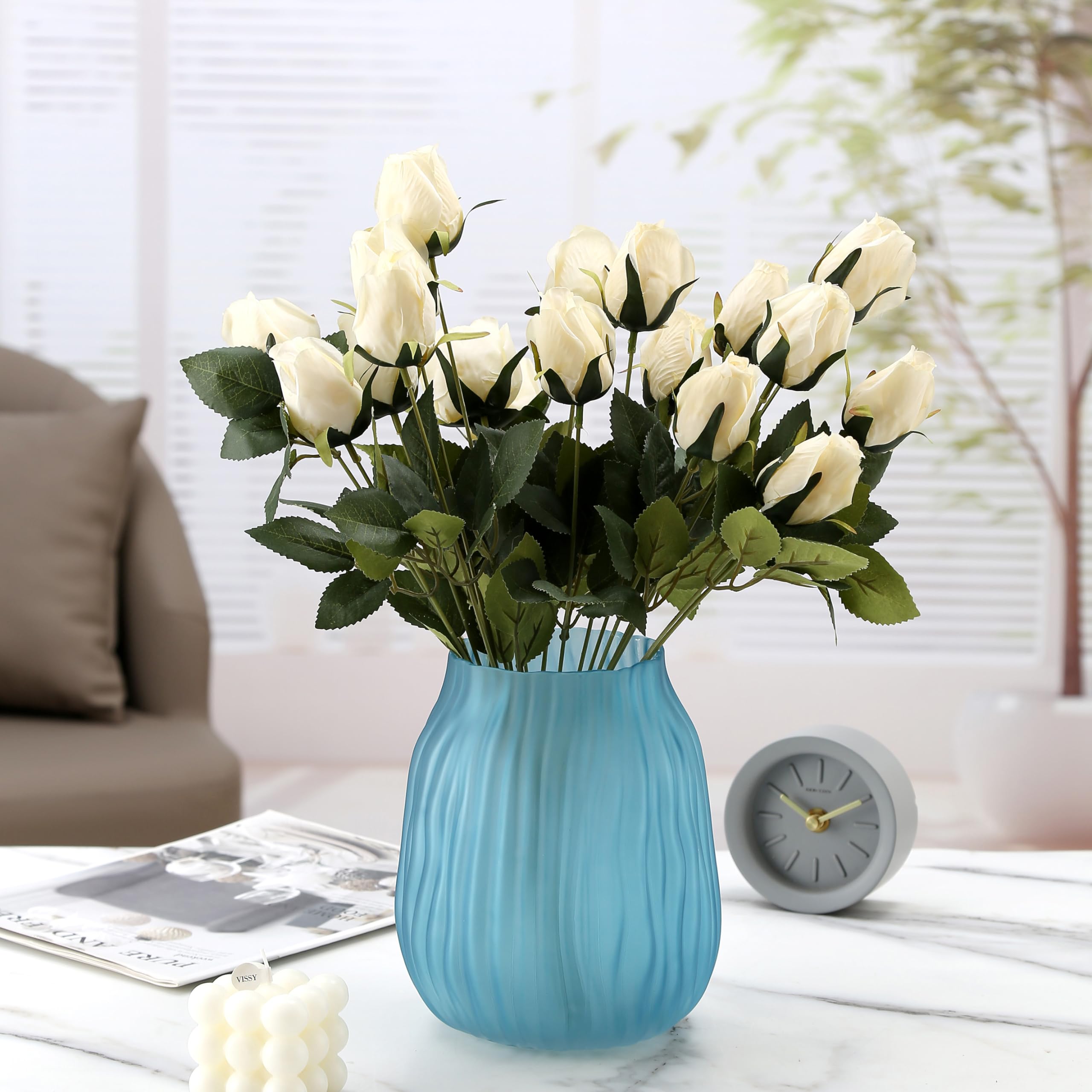 JAKY Global Large Modern Blue Glass Vase H-21cm Tall Ribbed Vase for Flowers Decor, Perfect for Home Office - Image 3