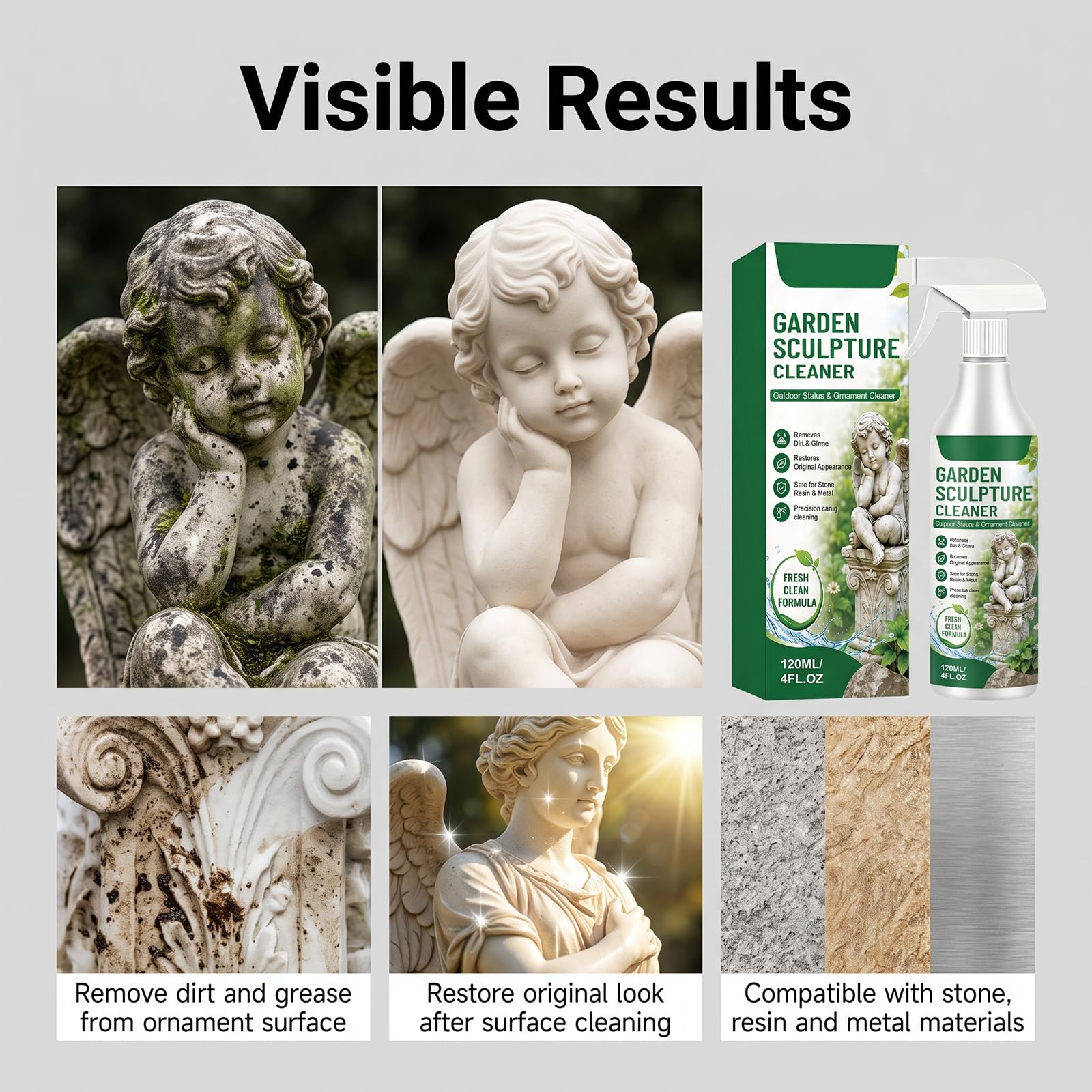 Potente spray detergente per sculture da giardino, detergente quotidiano per la cura delle pietre multi-superficie, soluzione per statue all'aperto, decorazioni da cortile e accessori da giardino