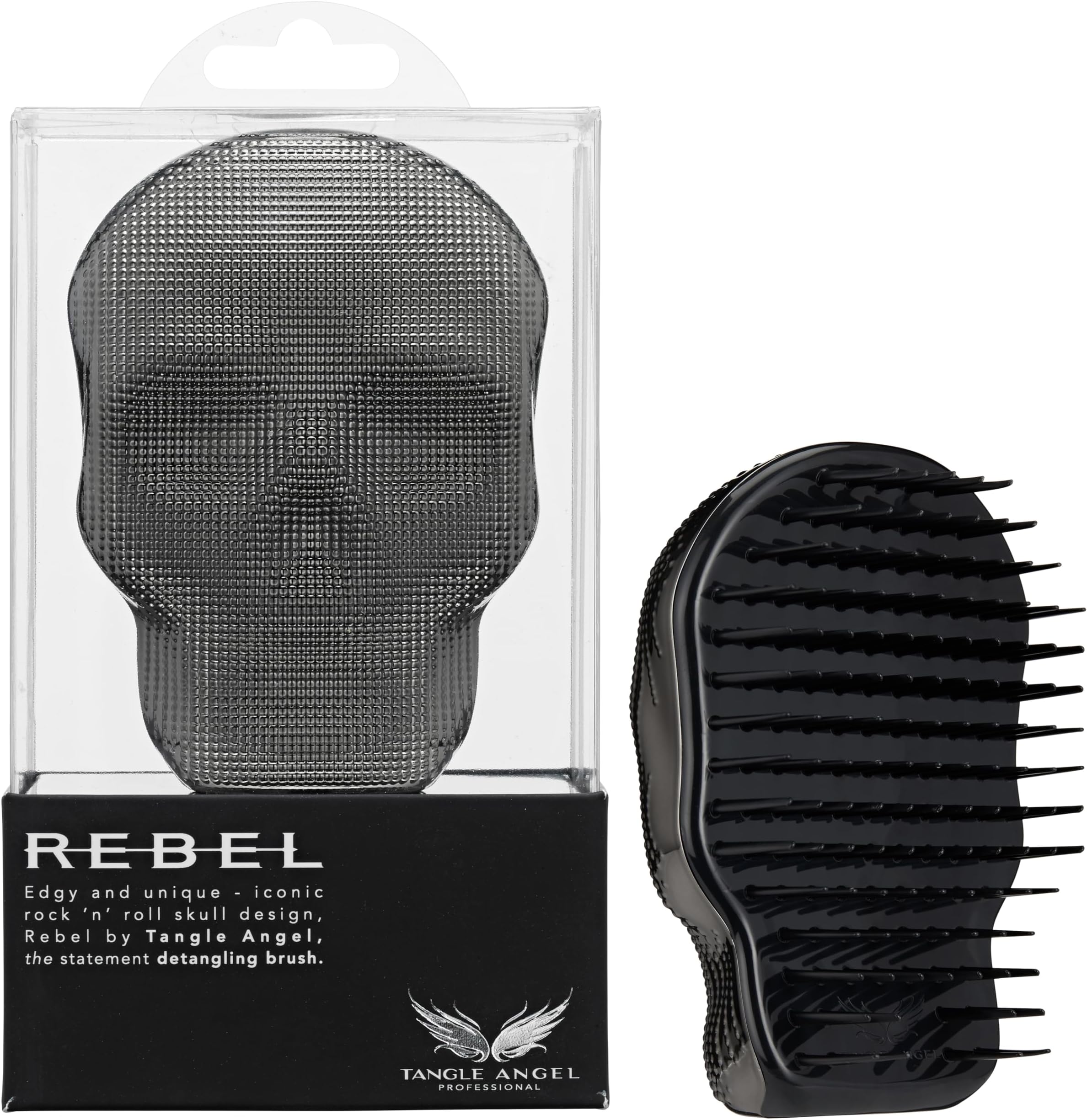 Tangle Angel Hair Brush Detangler - Anti Static Smoothing Extension Brush for Fine, Thick, & Curly Hair - Rebel Skull Shaped Detangling Hairbrush for Styling, Shower & Blow Drying - Black Chrome