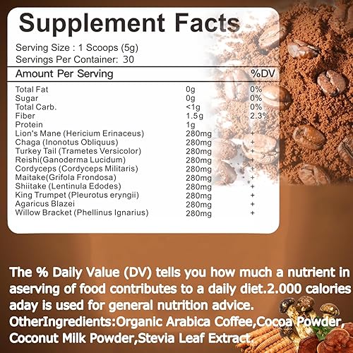 Miniatura 7 de Café de Hongos, Mezcla de Polvo de Extracto de 10 Hongos Melena de León, Reishi, Chaga, Cordyceps, Cola de Pavo, Suplementos Cerebrales con Café