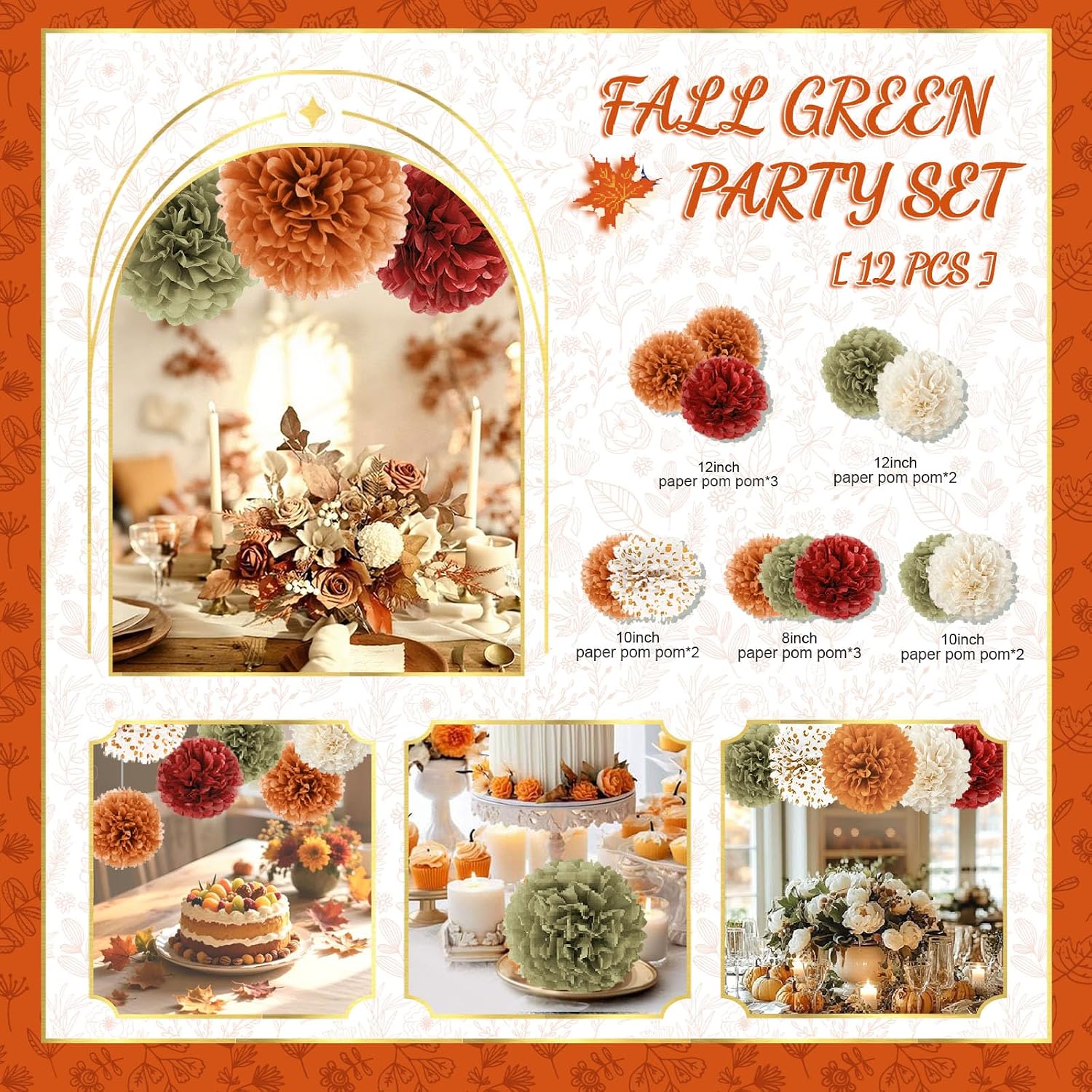 NICROLANDEE Fall Party Decor 12 PCS Orange Burgundy Green Tissue Pom Poms