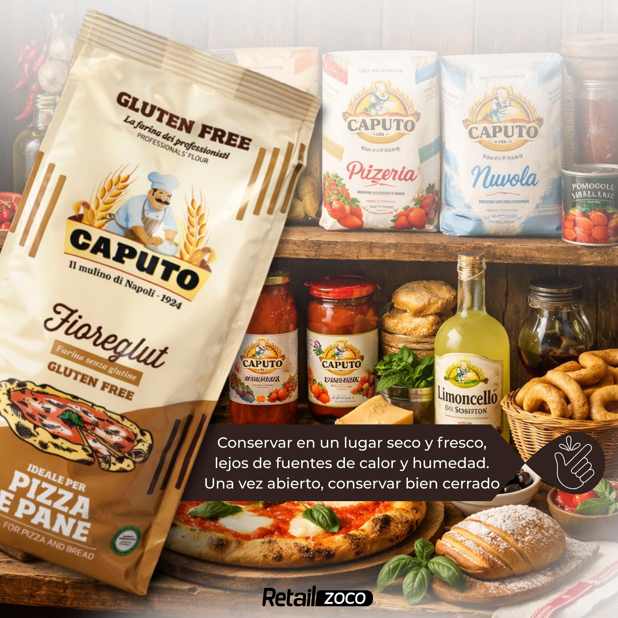 Harina Sin Gluten FioreGlut Caputo, Origen Italiana, ideal para una buena pizza o de un pan aromático, Sin Gluten, Sin Lactosa, Sin Huevos, Proteina 1%, Contiene 1 unidad de 1 Kg