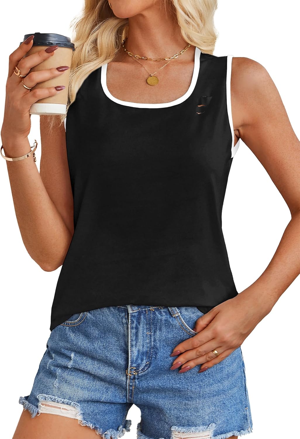 LilyCoco Womens Ripped Ringer Tank Tops Casual Sleeveless Square Neck Shirt