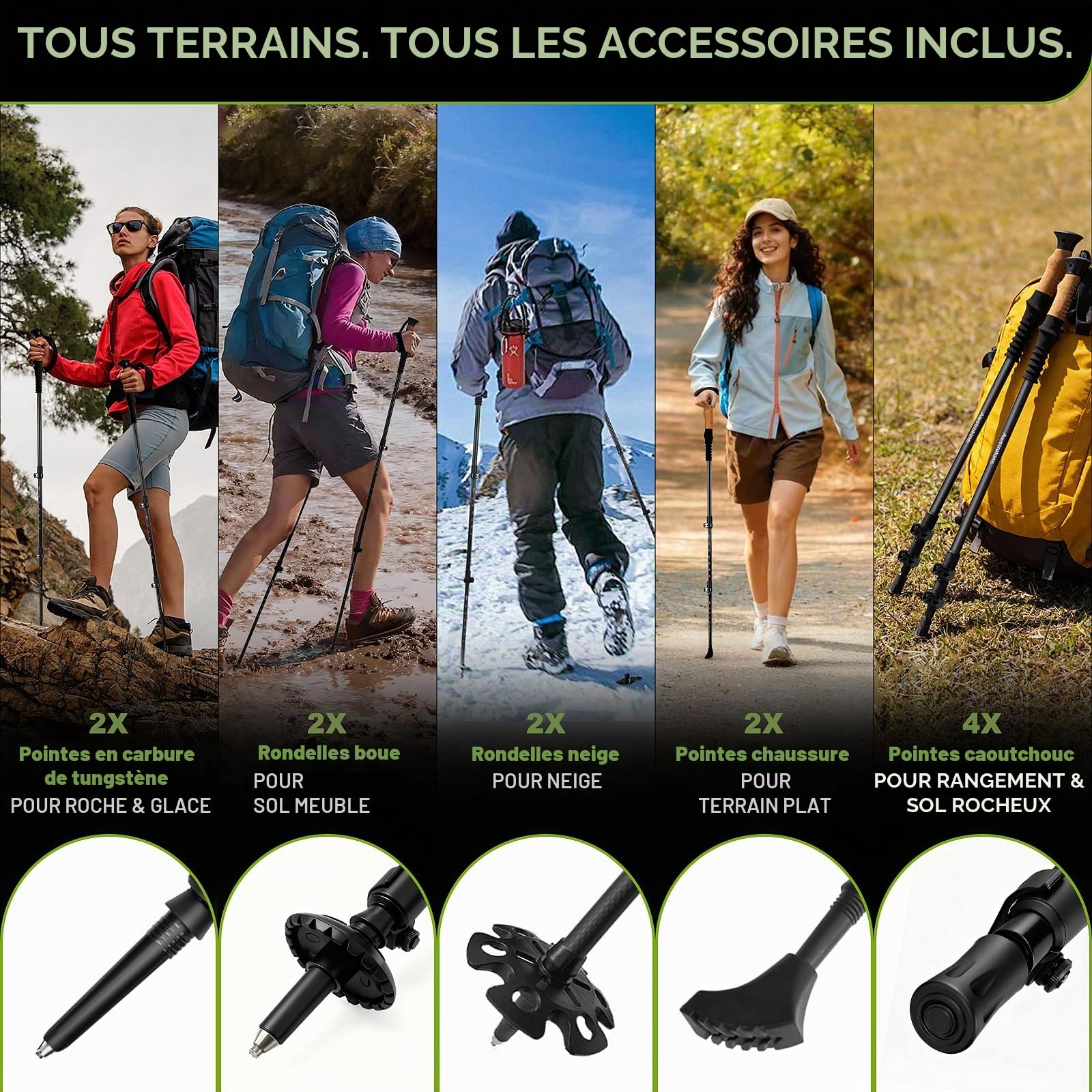 Lot de 2 Bâtons de Randonnée 100% Fibre de Carbone - Trekking Ultra Légers et Robustes avec Fermeture Rapide - Accessoires Tout-Terrain pour Hommes et Femmes