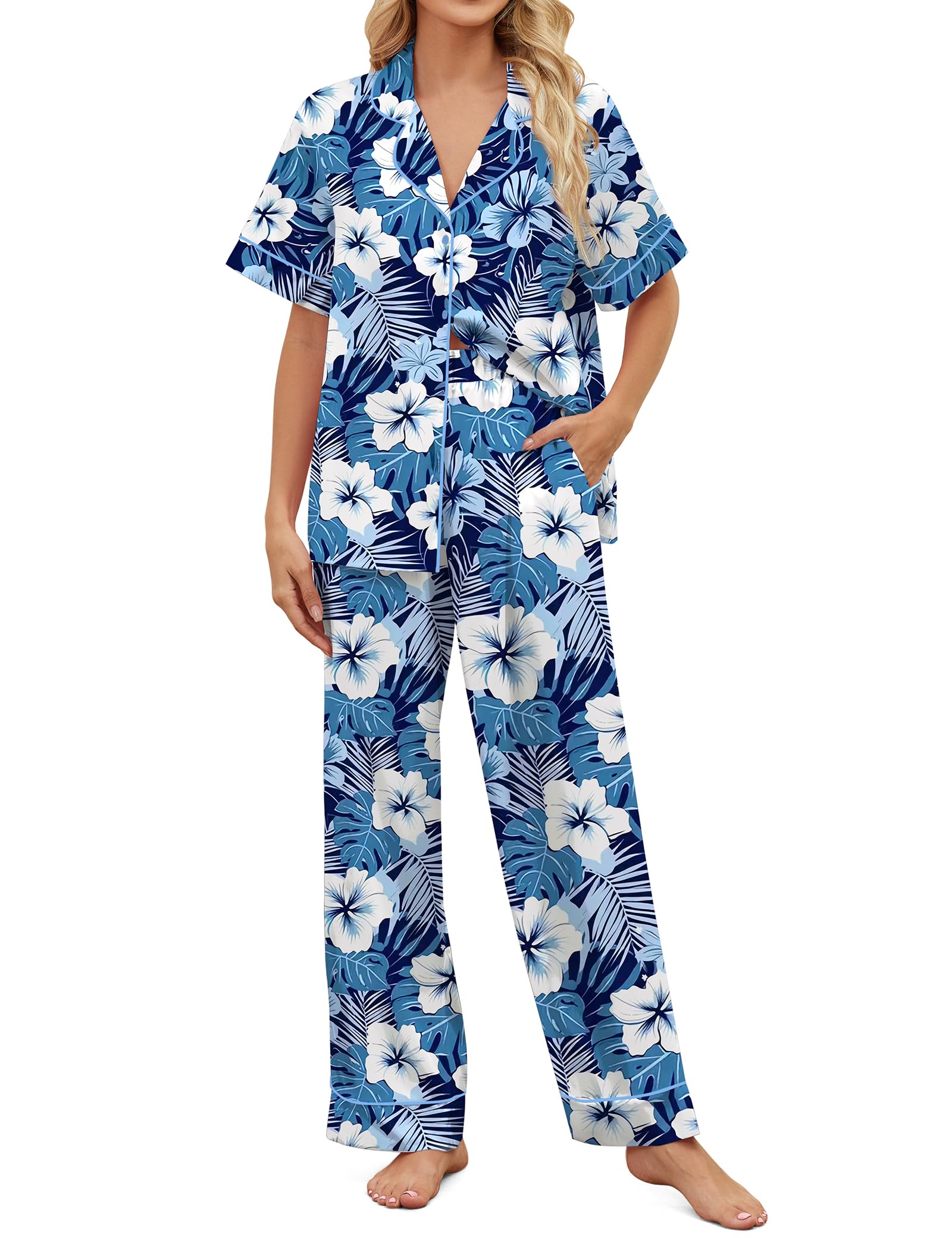 SHESHOW Women Summer Pajamas 2 Piece Pjs Short Sleeve Long Pants Blue Hawaiian Floral Silky Satin Cute Pajamas for Women Set XL