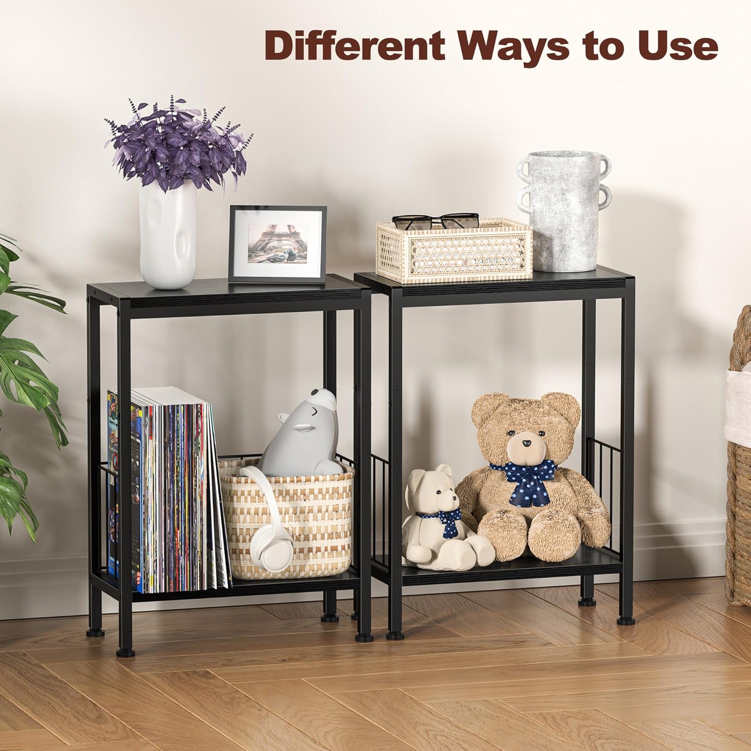 Narrow Side Table, Skinny End Tables with Magazine Holder, Small Sofa Table for Small Spaces, Space-Saving Design, Slim Nightstand Bedside Table for Living Room, Bedroom, Office, Black