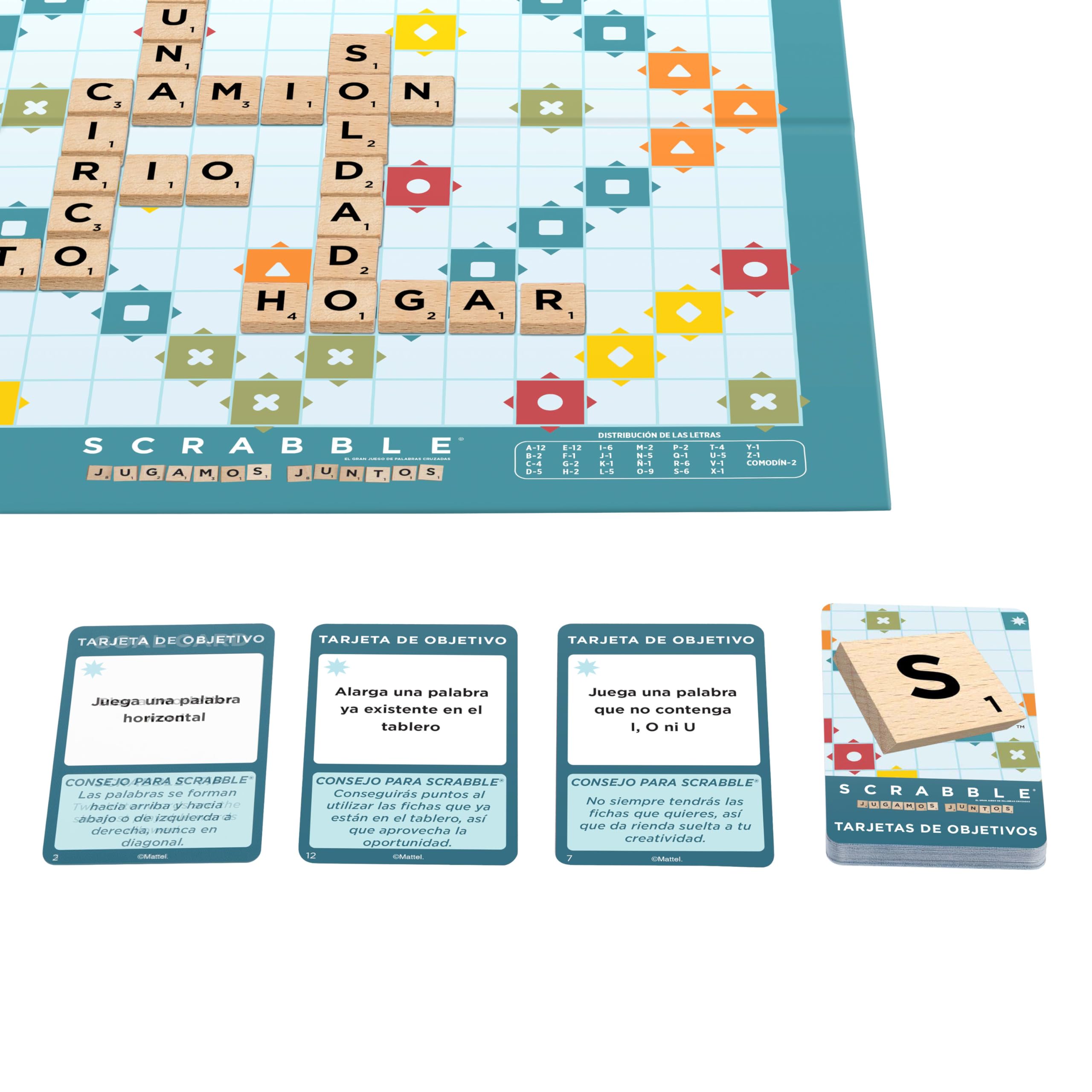 Mattel Games Scrabble JGR64 Jeu de société classique avec jetons de lettres et pupitres en bois, deux options de jeu, édition en espagnol