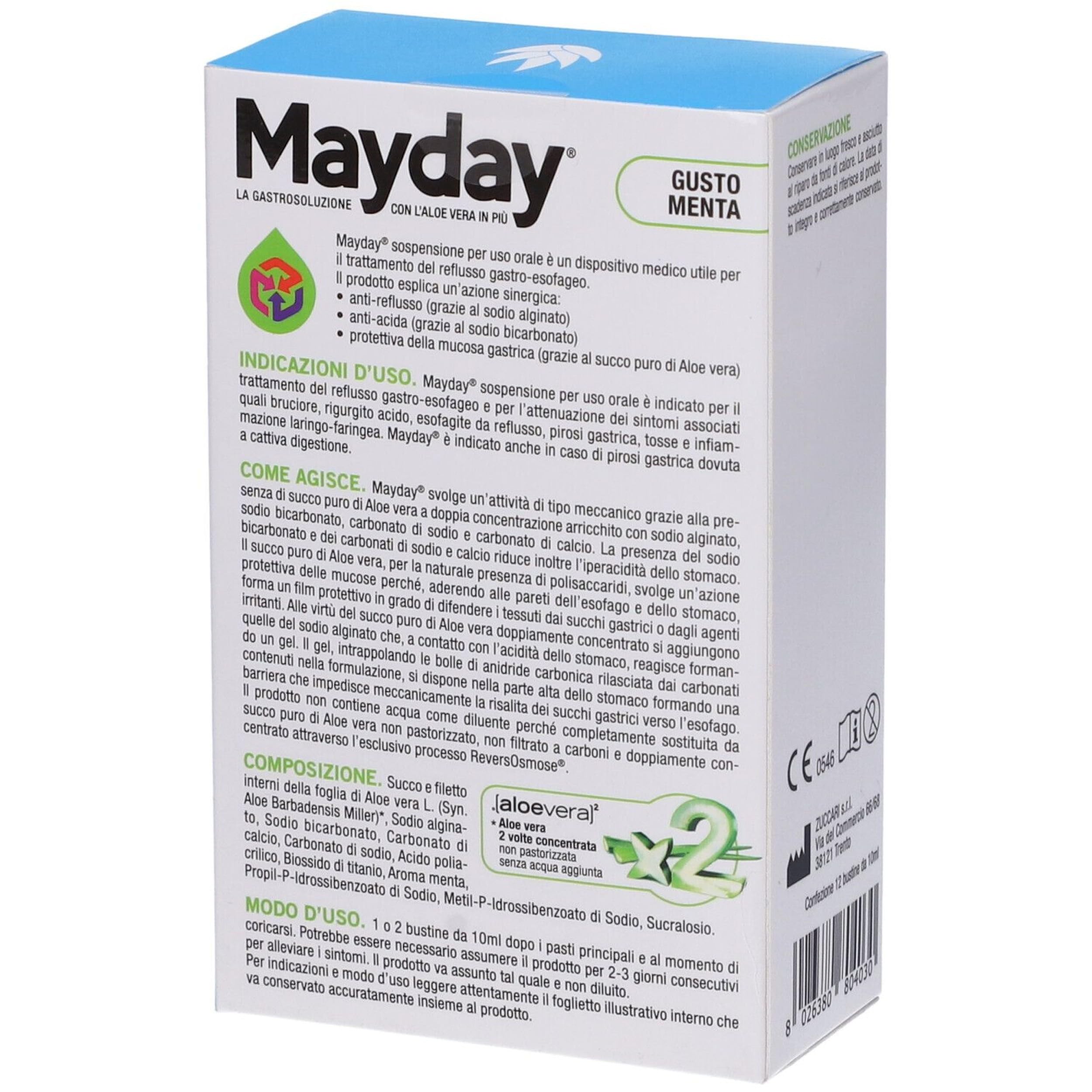 Zuccari Mayday Gastrosolution Lot de 12 bâtonnets de 10 ml avec double concentration d'aloe vera, alginate de sodium et bicarbonate de sodium, soulagement du reflux gastro-œsophagien et de