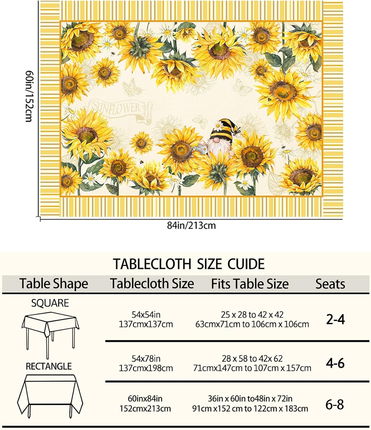 Sunflower Tablecloth, Farmhouse Floral Table Cloth for Rectangle Tables 60x84, Sunflower Gnomes Yellow Vintage Washable Polyester Table Cover for Picnic Summer Fall Outdoor Dining Room Kitchen Sunflower 60x84inch