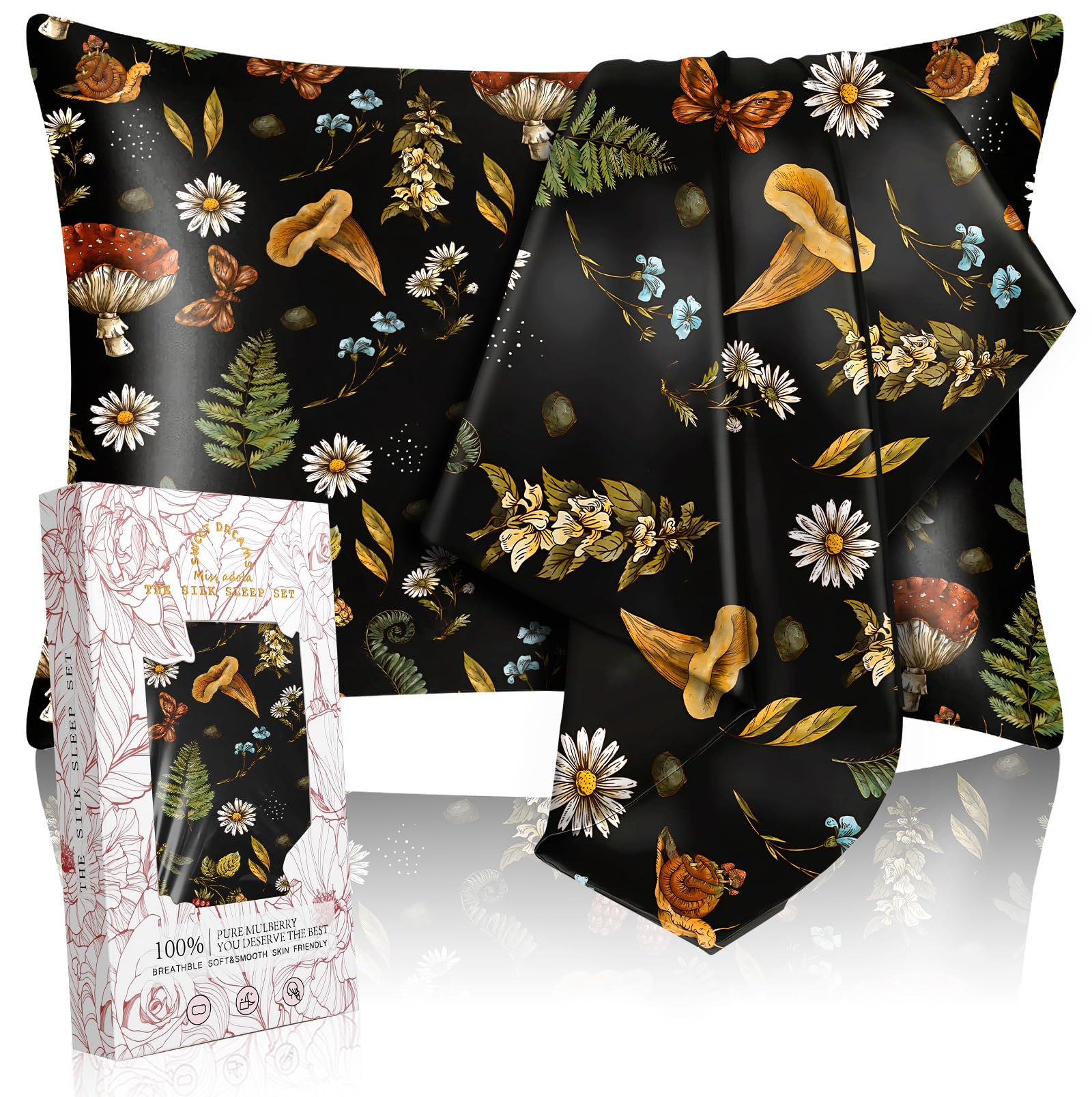 Silk Pillowcase 2 Pack - Cute Pillow Cases 20" x 26" Standard Size Set of 2 for Hair and Skin Smooth Soft Breathable with Hidden Zipper Cooling Pillow Covers for Sleeping, Mushroom Plants