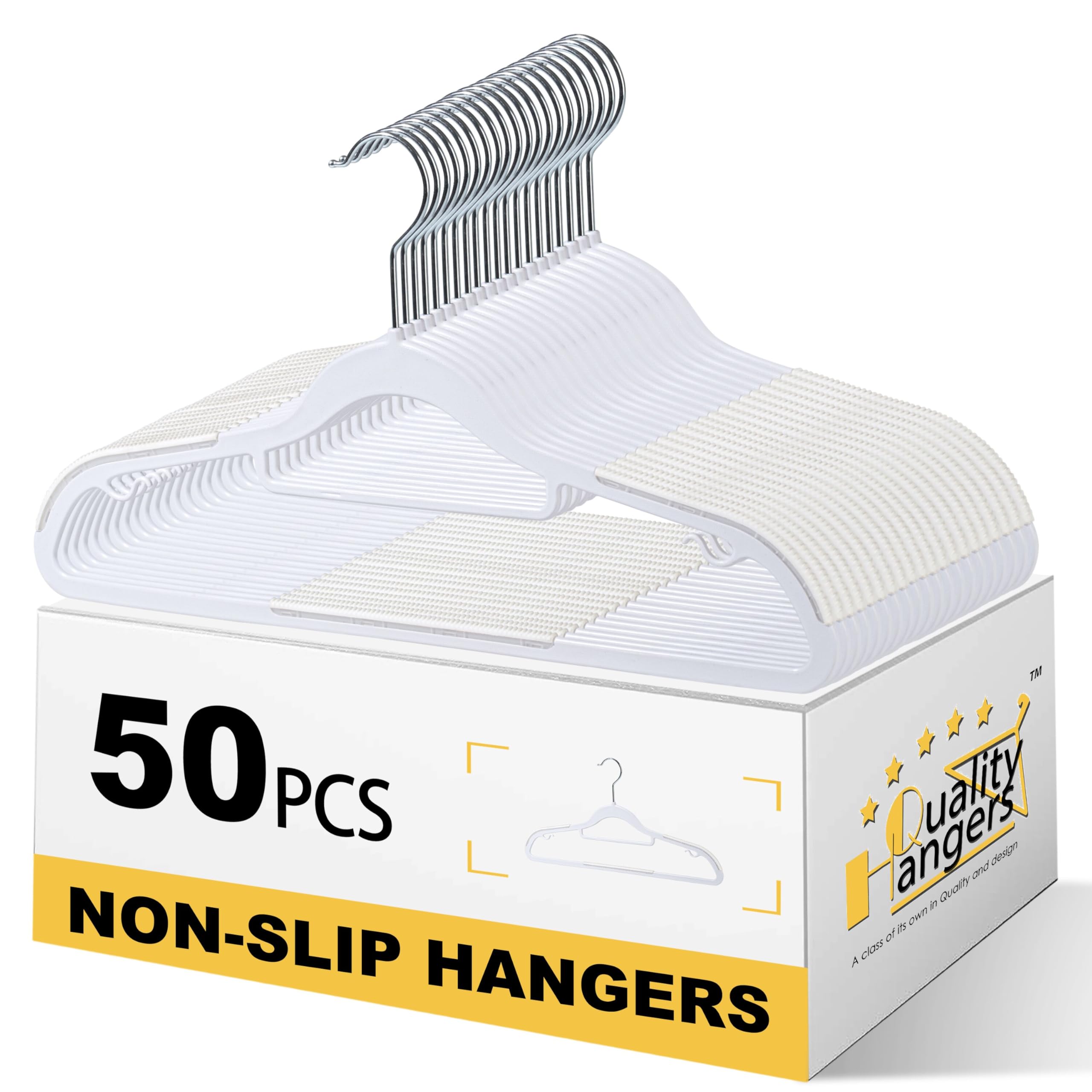 Quality Clothes Hangers 50 Pack - Non-Velvet Plastic Hangers for Clothes - Heavy Duty Coat Hanger Set - Space-Saving Closet Hangers with White Swivel Hooks - Functional Non-Flocked